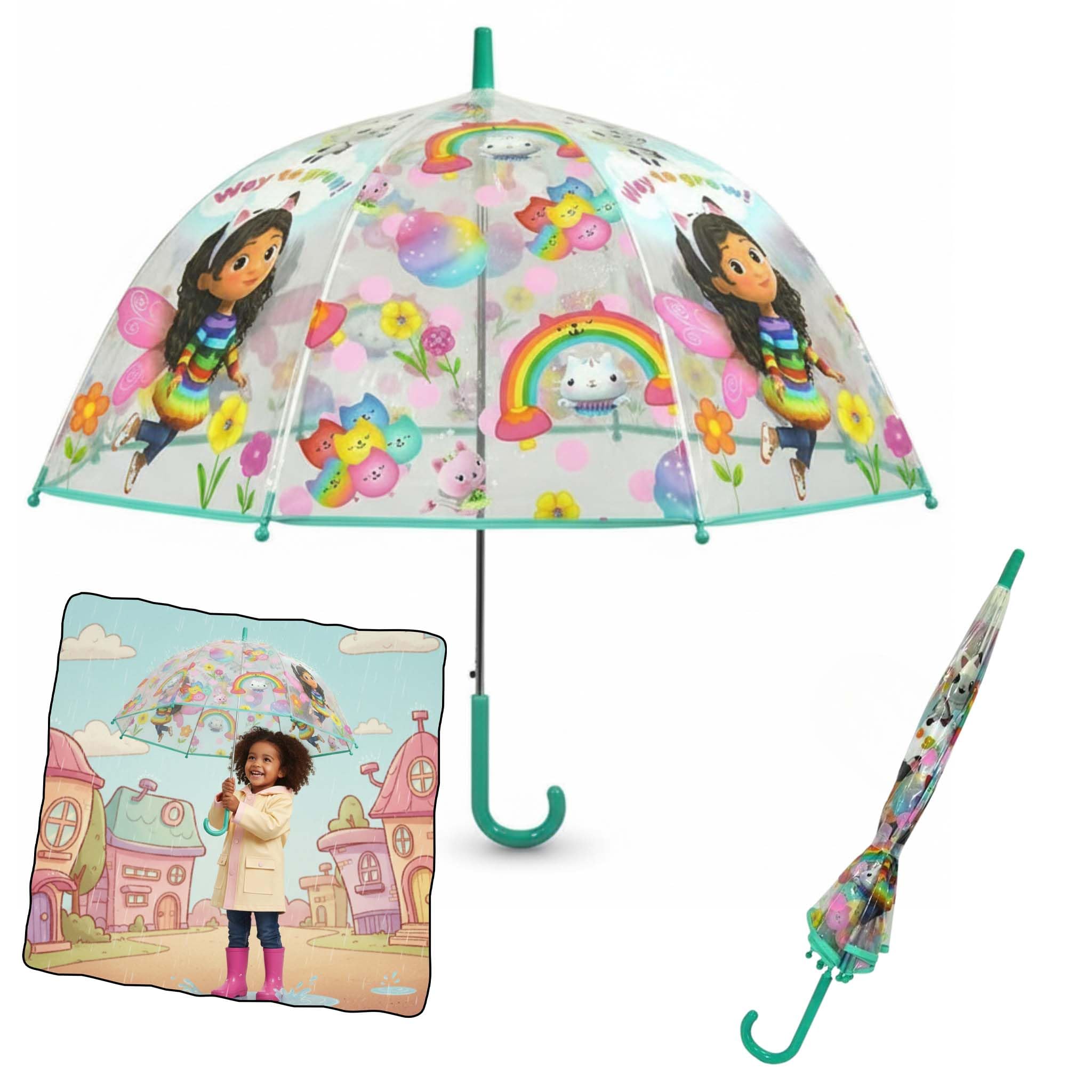SRV Hub Gabby’s Gollhouse Kids Umbrella 75cm, Transparent Dome Brolly, Lightweight & Windproof Rain Umbrella for Girls 3-7 Years, Durable PVC Canopy with J Handle, Travel School Gift