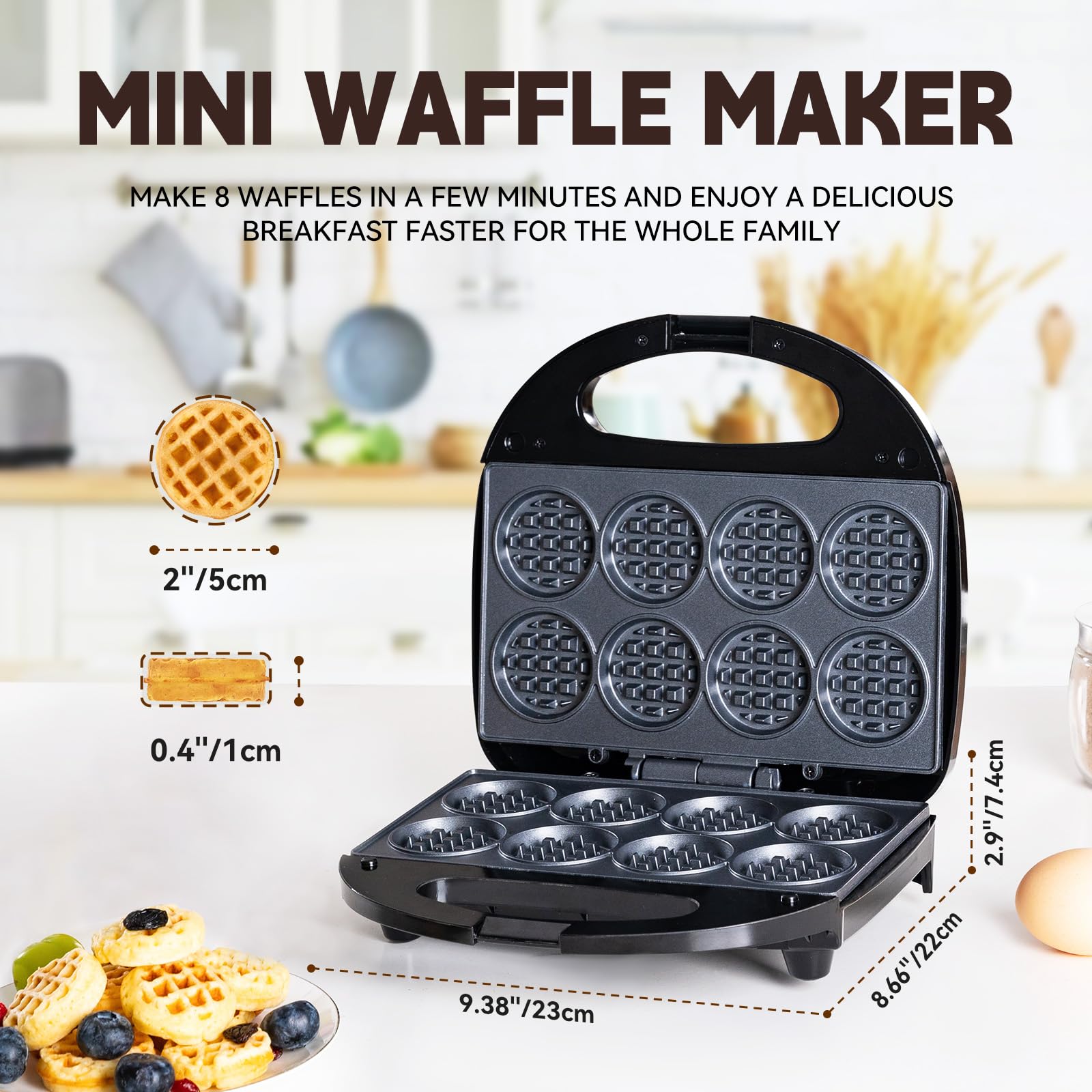 Mini waflera, máquina antiadherente pequeña para hacer gofres con calentamiento rápido, hace 8 waffles, waflera para niños, solo tienes que añadir la bata, adecuada para desayunos, aperitivos, postres 2