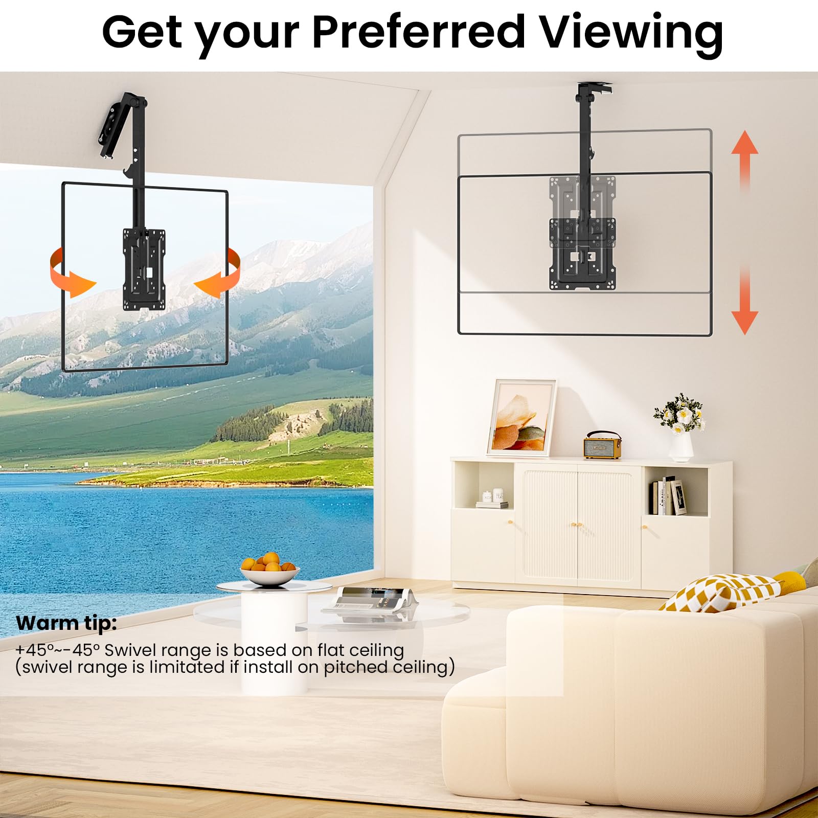 PUTORSEN Supporto da soffitto per TV da 19-50 pollici, pieghevole, altezza regolabile, per tetti piani o inclinati, portata massima 20 kg, VESA 200 x 200 mm