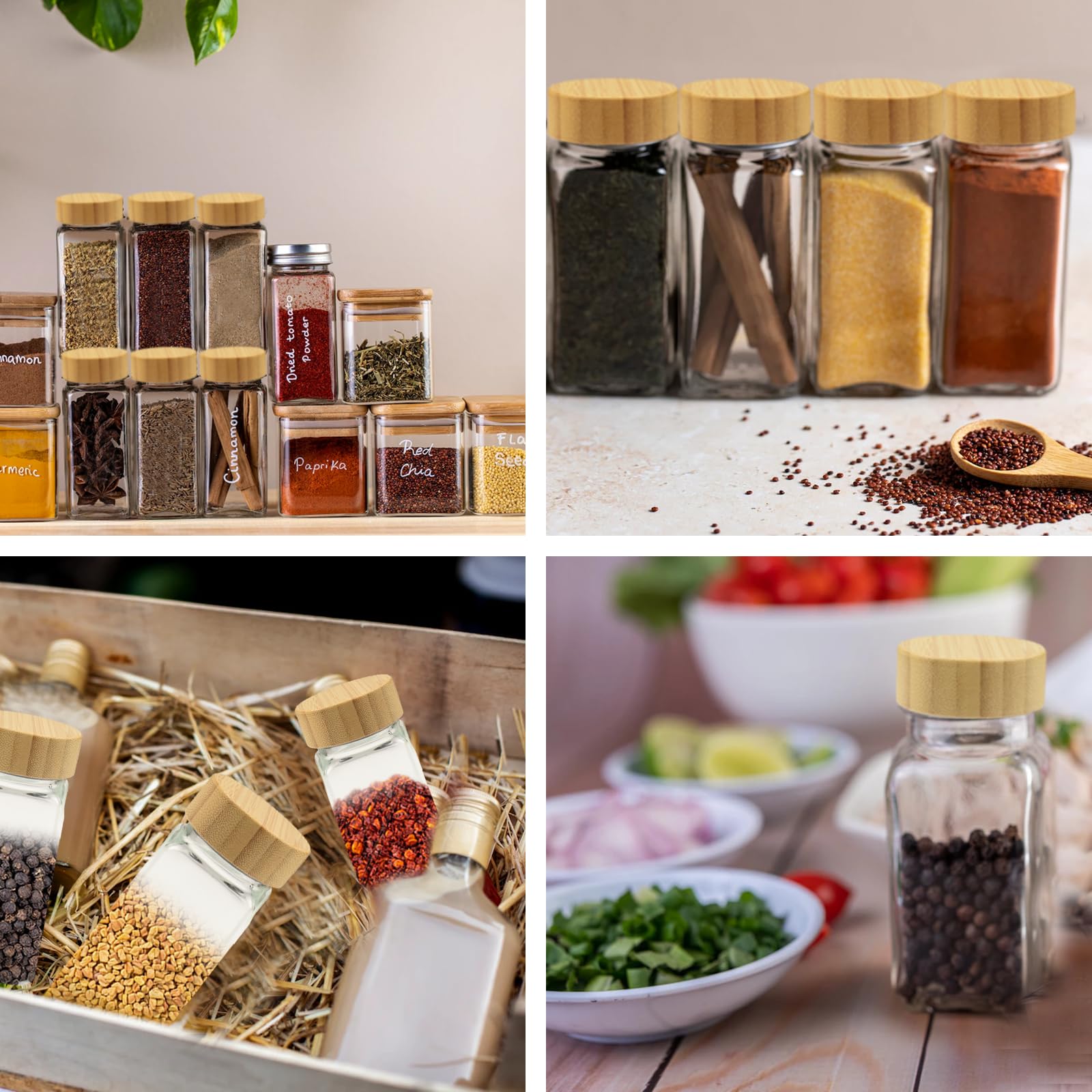 Lot de 12 pots à épices carrés hermétiques avec couvercles en bambou, avec étiquettes à épices et entonnoir pliable pour le rangement de la cuisine