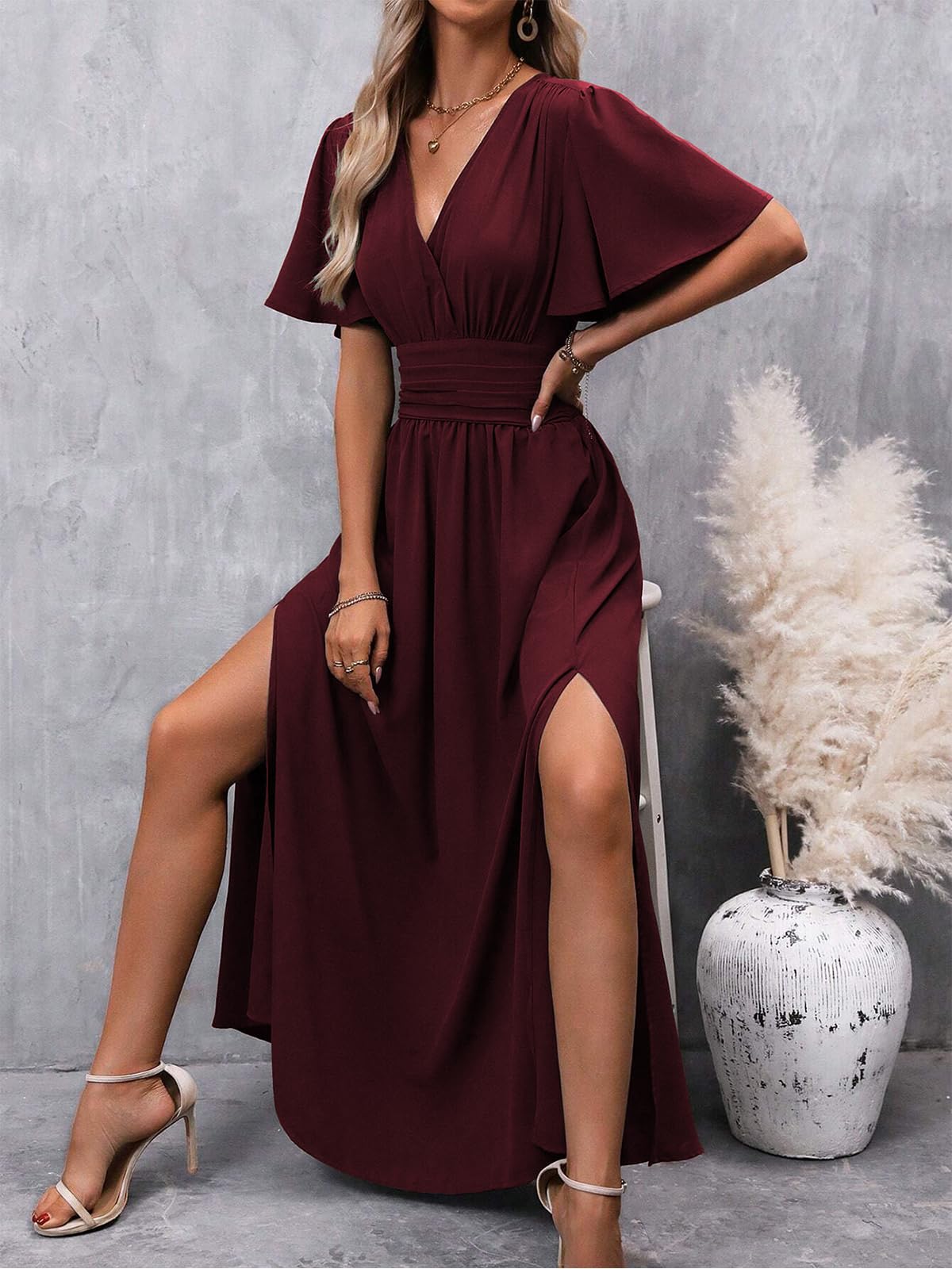 Abito Estivo da Donna Elegante Scollo a V Plissettato Vita Alta Abito Lungo con 2 Side Spaccato Causal Manica a Farfalla Vestiti Estate Abiti