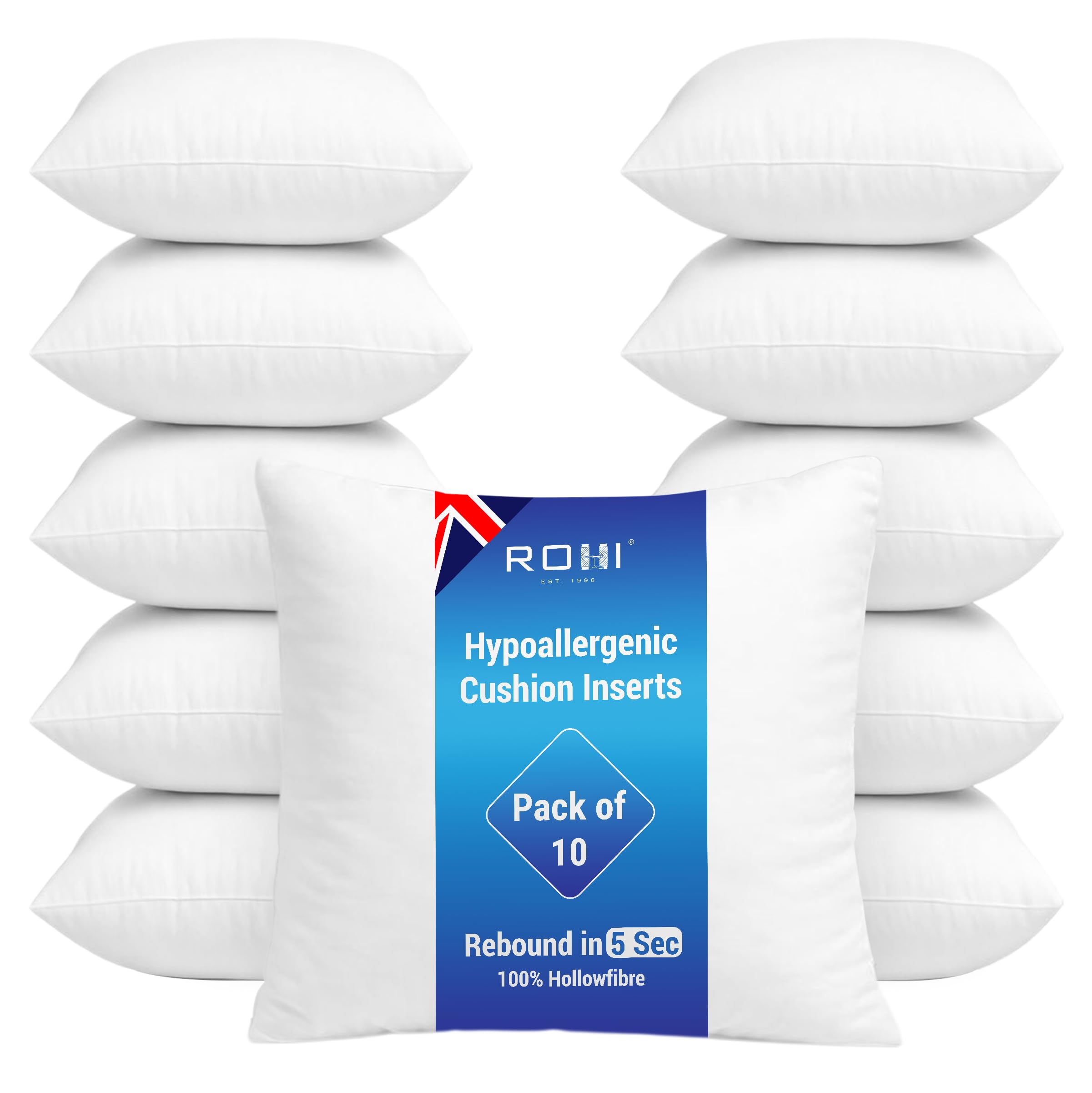 Rohi Set of 10 Hypoallergenic Cushion Inners Pads (Pack of 10) 16" x 16" (40cm x 40cm) Cushion Inserts Decorative Square Cushion Stuffer for Sofa Couch Cushions