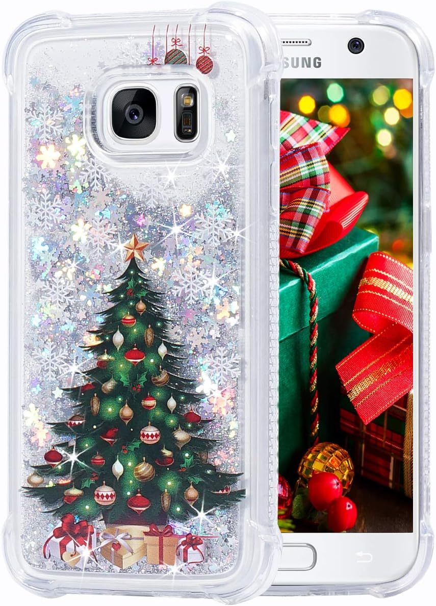 FLOCUTE Galaxy S7 Edge Case, Galaxy S7 Edge Glitter Christmas Case Bling Sparkle Floating Liquid Soft TPU Cushion Luxury Fashion Girly Women Cute Case for Samsung Galaxy S7 Edge (Christmas Tree)