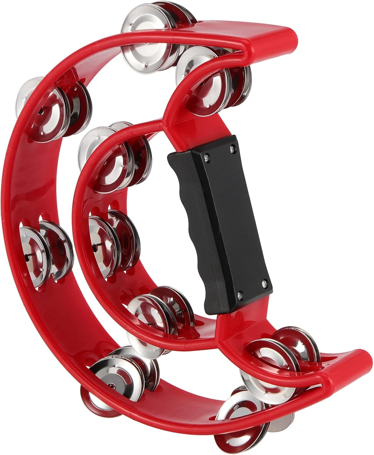 FUNSUEI 6 Pack Double Row Tambourine, Half Moon Handheld Tambourine, Metal Jingles Hand Held Percussion Plastic Musical Tambourine for Church, Party, Band, 6 Colors