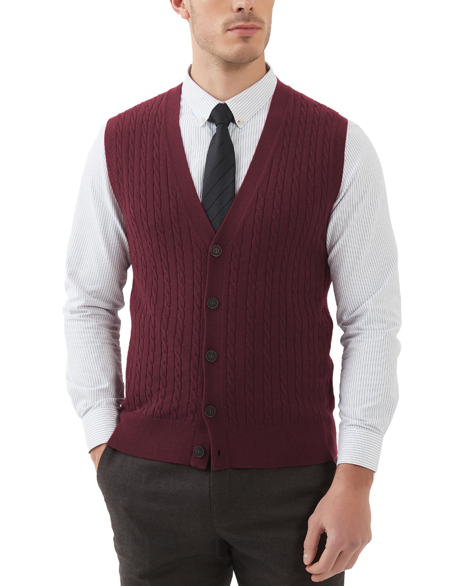 Kallspin Men's Cable Knit Sweater Vest Wool Blend V Neck Button Down Sleeveless Cardigan Vest