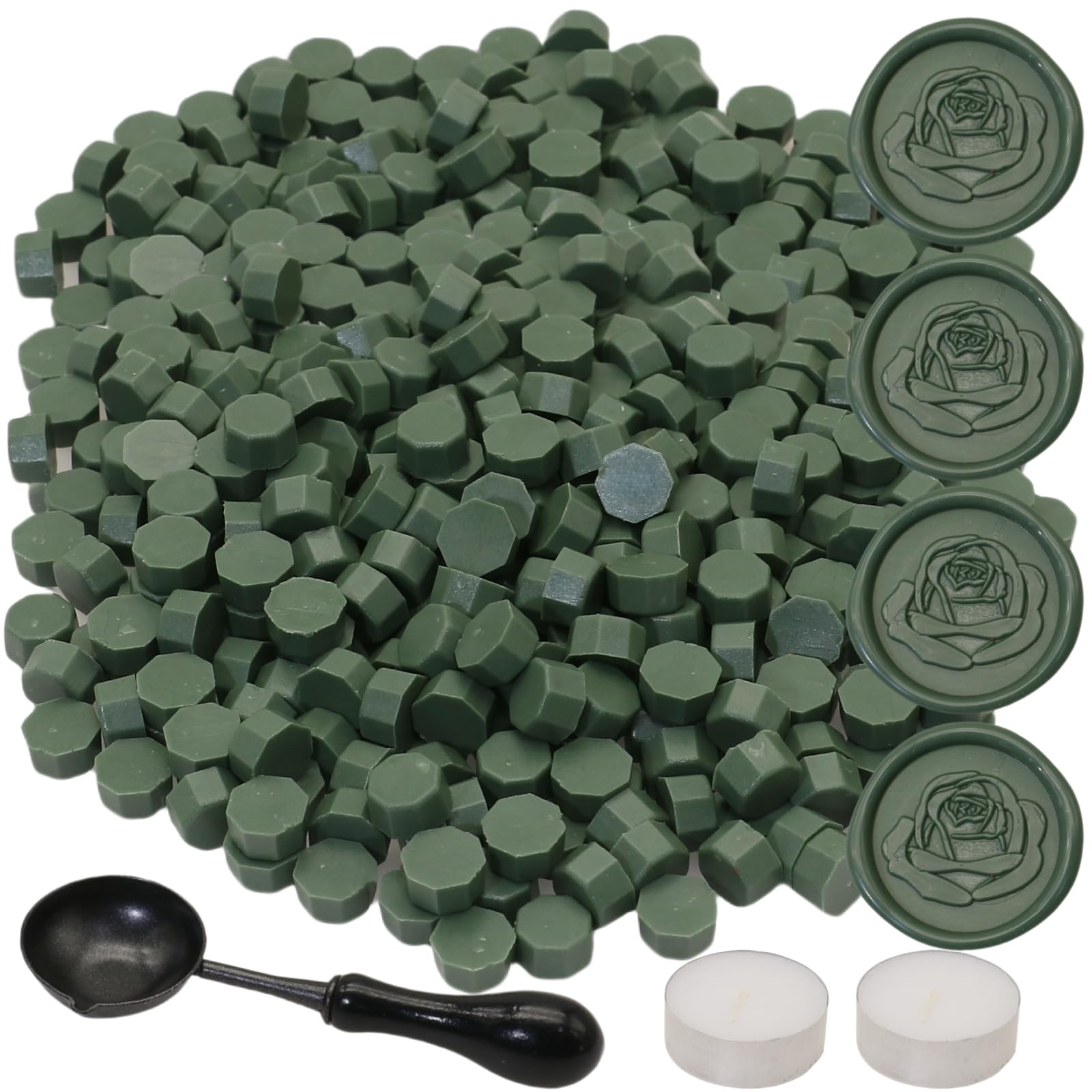 300Pcs Wax Seal Beads Set with Non-Slip Melt Spoon and Candles, Olive Green Sealing Wax Pellets Bead Great for Seals Stamp, Wedding Invitations, Xmas Gift, Envelope Seal (Olive Green)