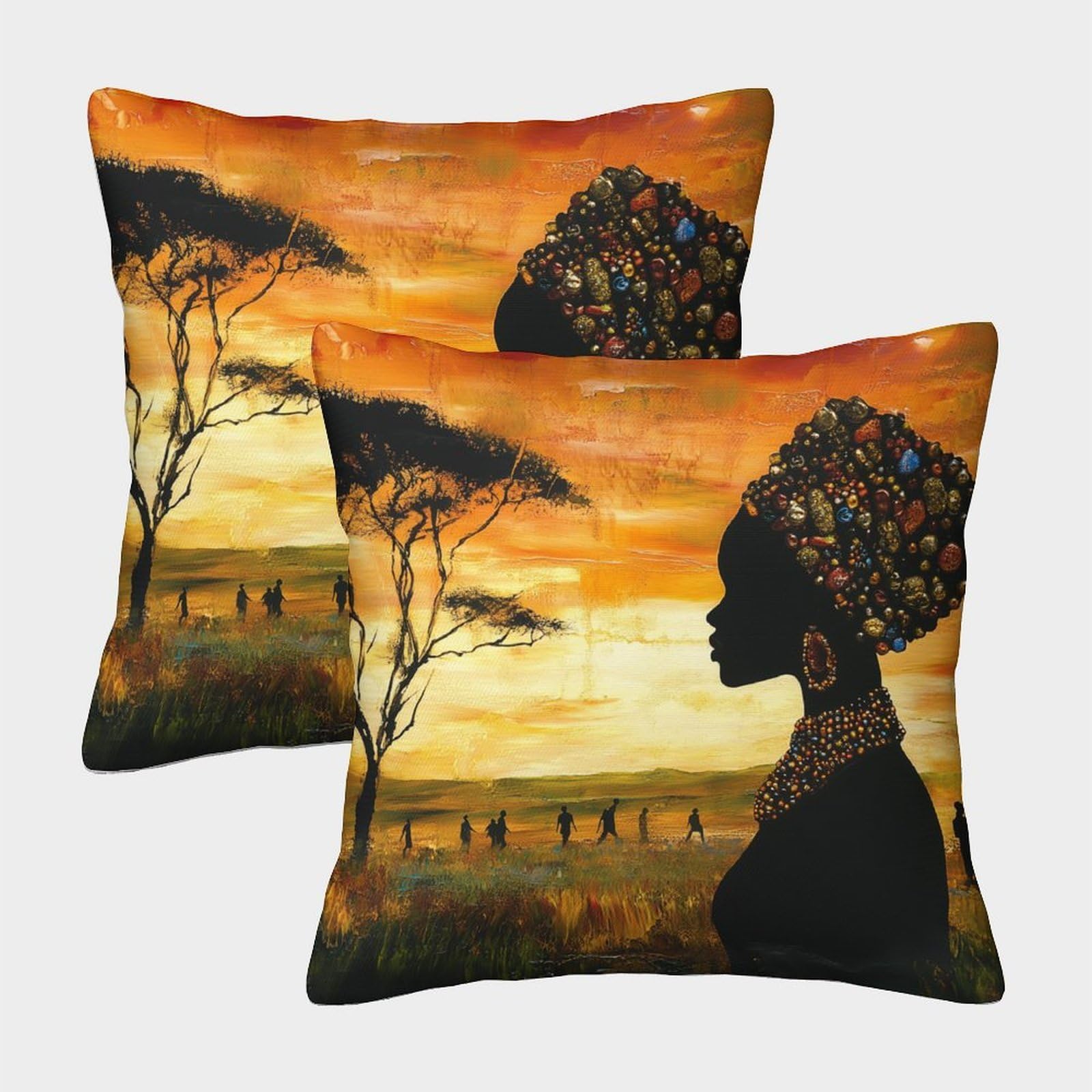 kaiyun 2 Pack 3D African Women Silhouettes Cushion 3D People Walking on The Grassland Soft Touch Pillowcase,sofa Chair Home Furnishings 40x40cm