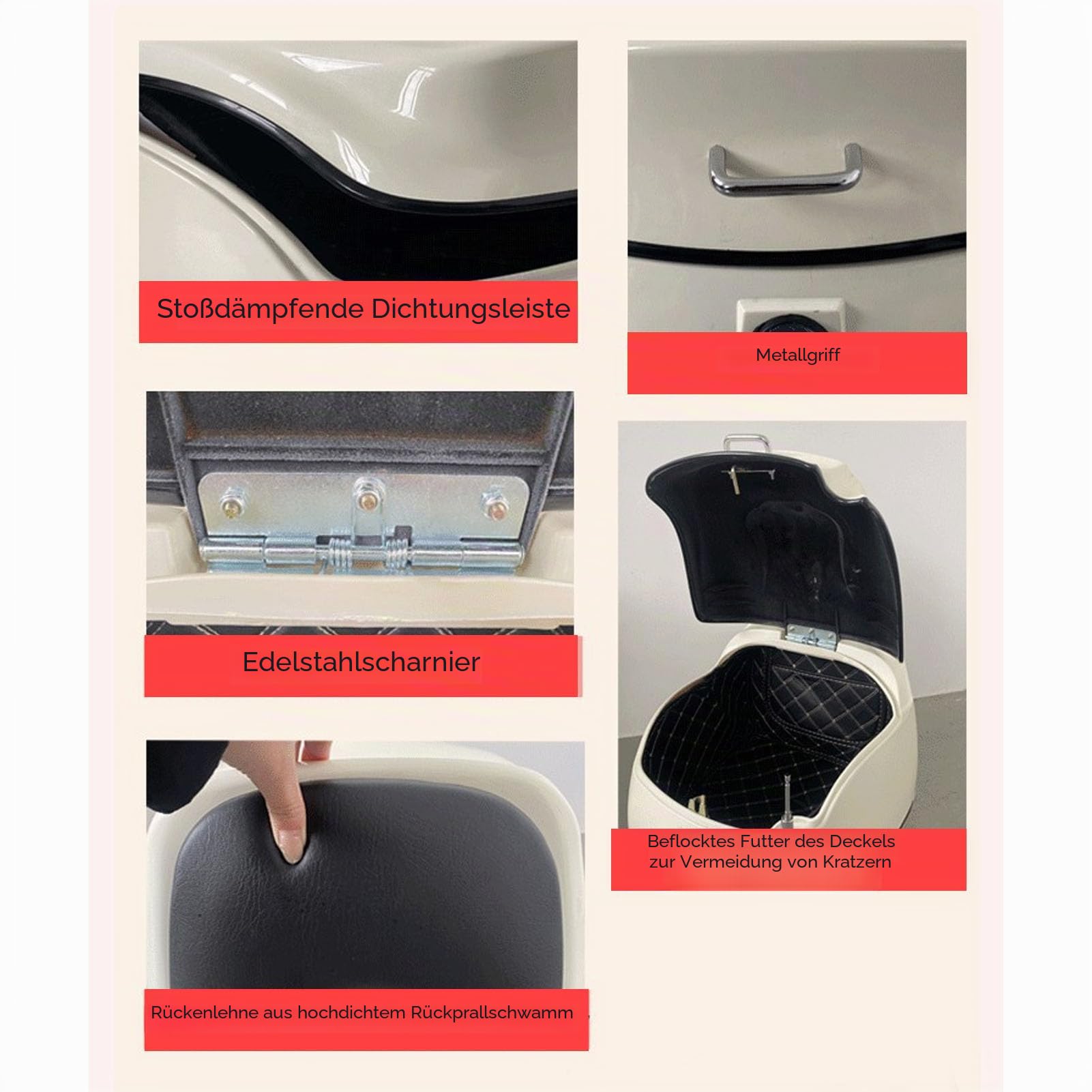 Asixxsix Motorrad-Top-Box, 38L Roller Motorräder Universal-Aufbewahrung Stamm mit Rückenlehne, wasserdichte Gepäck Helm Box mit Sicherheits Schloss für Helm, Reise Ausrüstung (White)