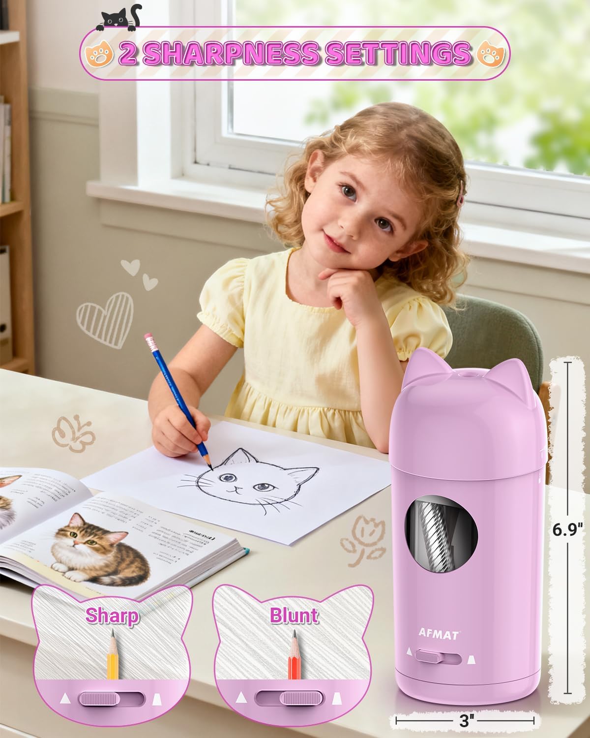 AFMAT Electric Pencil Sharpener, Automatic Pencil Sharpener, Auto in & Out, Colored Pencil Sharpeners for φ7-8mm Pencils, Rechargeable & Cordless, Battery Powered for Classroom Home School PSX9