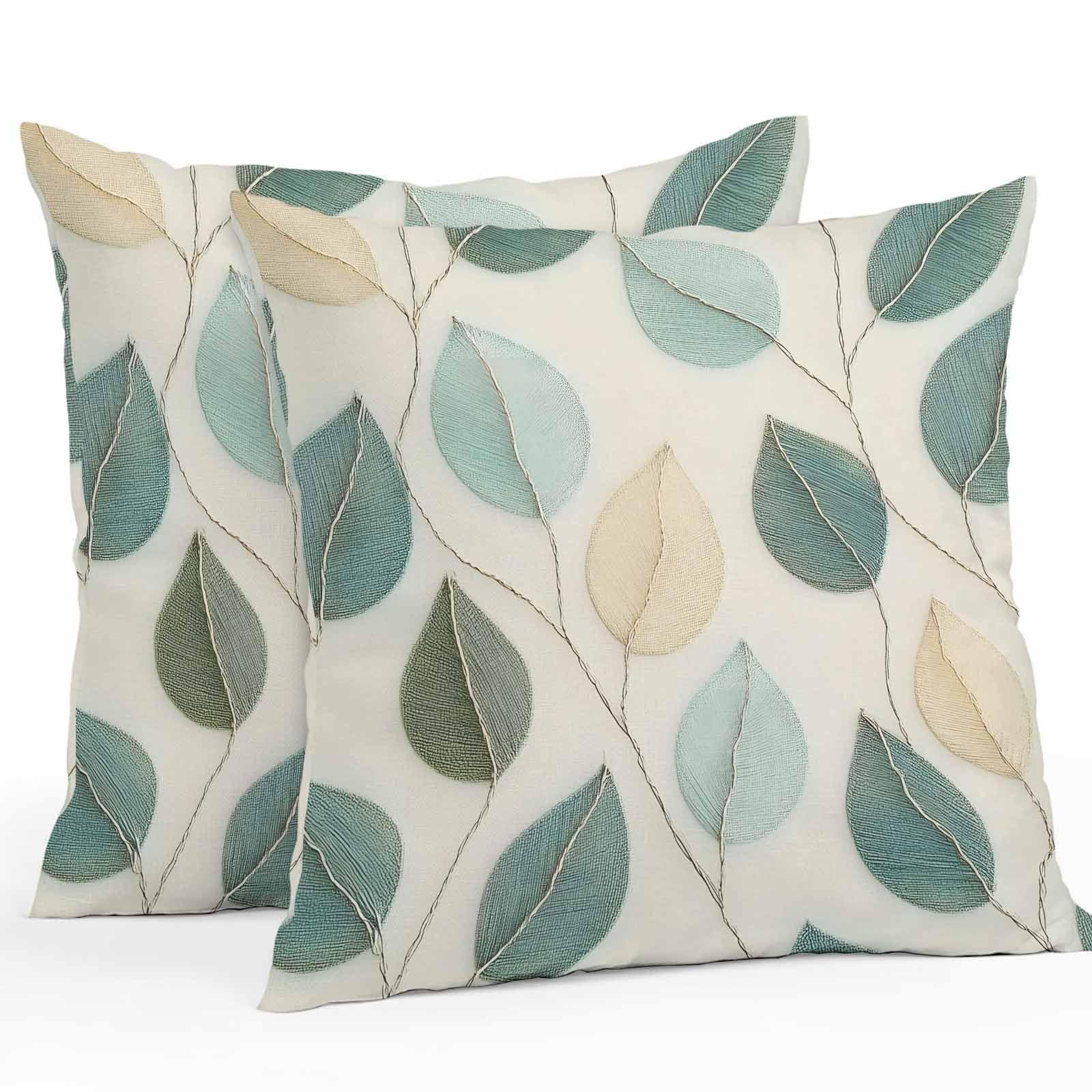 Liajuuhlgas Abstract Leaf Outdoor Waterproof Throw Pillow Covers 16"x16" Set of 2, Vintage Farmhouse Watercolor Leaf Decorative Garden Pillowcase with