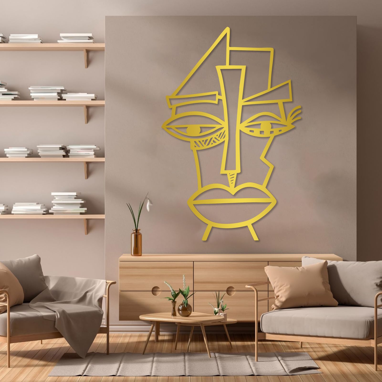 Decorazione murale in Metallo Scultura da Appendere al Muro Raffigurante Il Volto di Picasso Ideale per Soggiorno Camera da Letto e Ufficio Colore Oro Dimensioni 70 x 46 cm (28" x 18")
