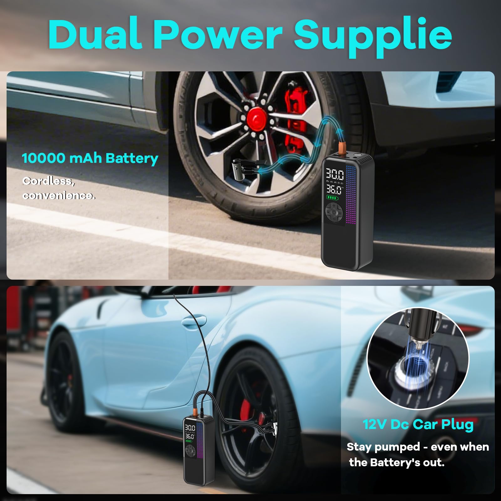 Tire Inflator Portable Air Compressor 150 PSI Cordless Air Pump 12V DC Car Plug Dual Power 10000mAh Fast — view 4