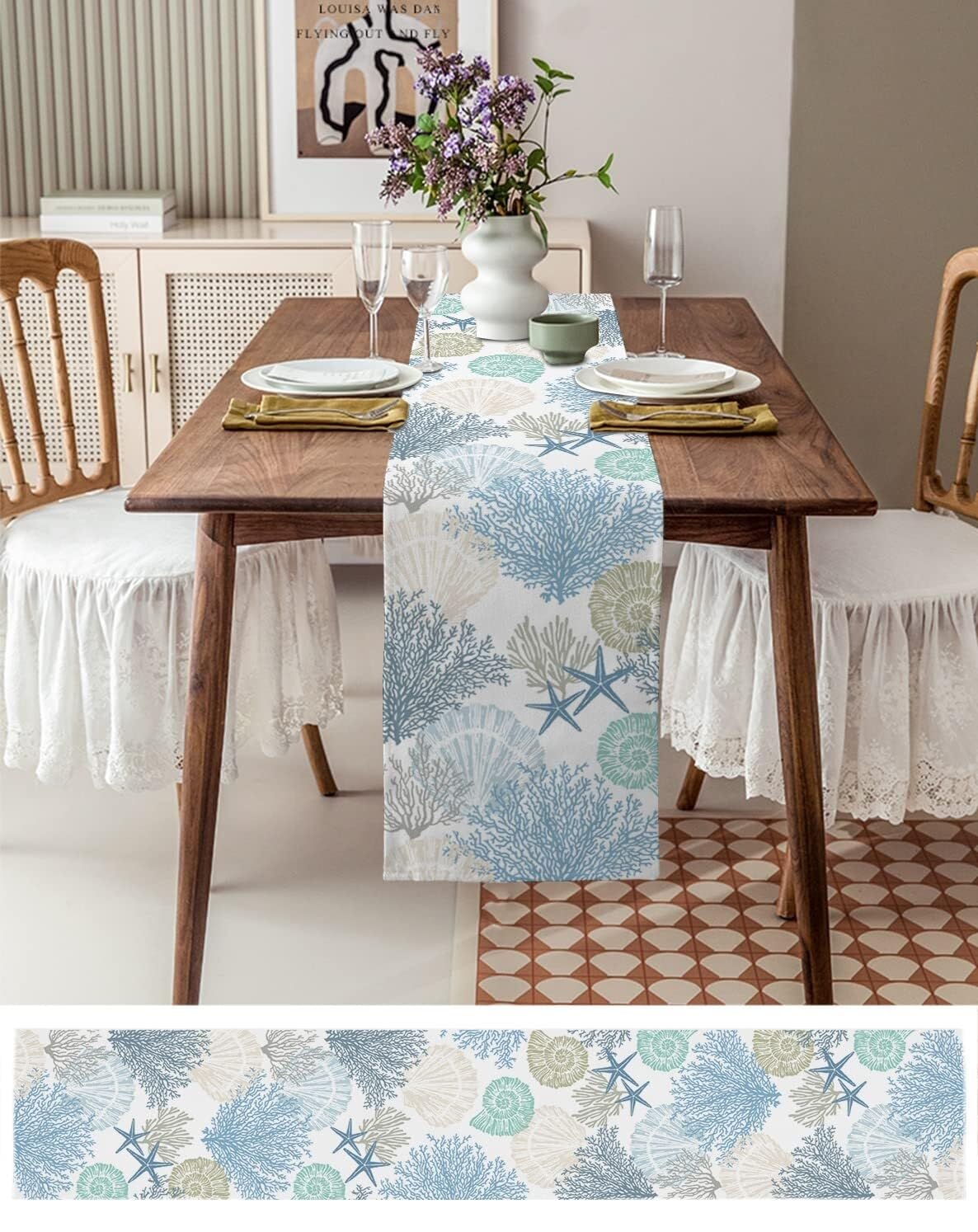Chemin de Table en Coton et Lin Bleu Corail 13"x60" - Parfait for Une décoration sur Le thème de la Plage en été(Texturelif8331,13x90 inch)