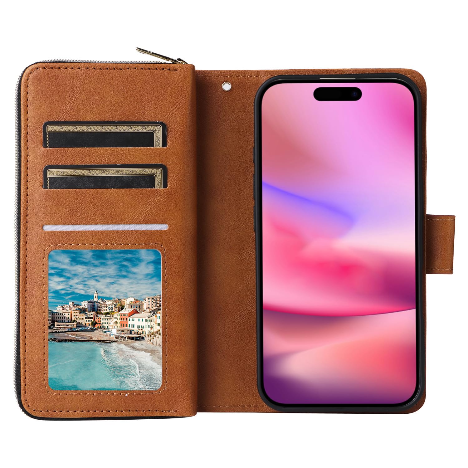 Leder Hülle Für iPhone 16 Pro Max/16 Pro/16 Plus/16, Klappbar Flip Brieftasche Schutzhülle Mit Handschlaufe Ganzkörperschutz,Blau,16 Plus