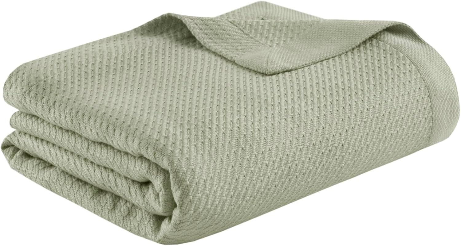 Madison Park 100% Egyptian Cotton Lightweight Summer Blanket, Breathable Waffle Knit Design, Soft Cozy All-Season Throw for Bed, Couch or Sofa, Sage Green Twin Size (66"x90")