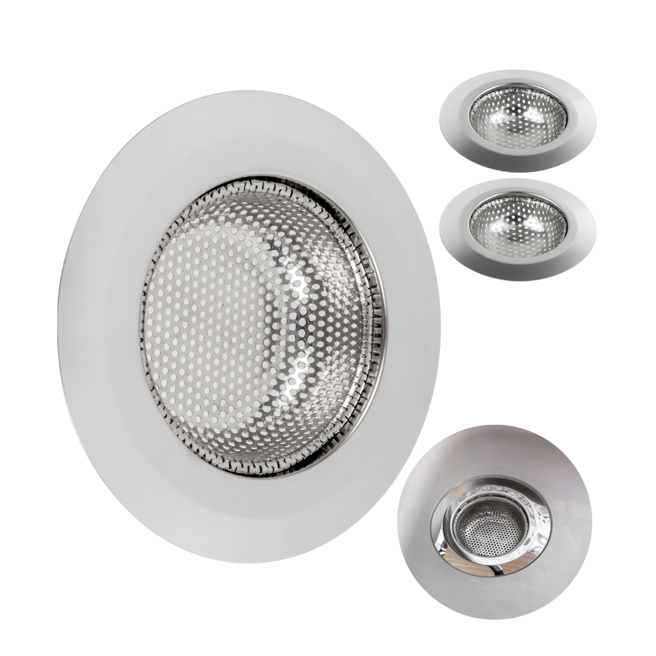 Stainless steel drain strainer, 3 pieces, Ø 90 mm outside, 57 mm inside, protrudes 20 mm into the sink, drain strainer for kitchen sink, washbasin, shower tray, bathtub