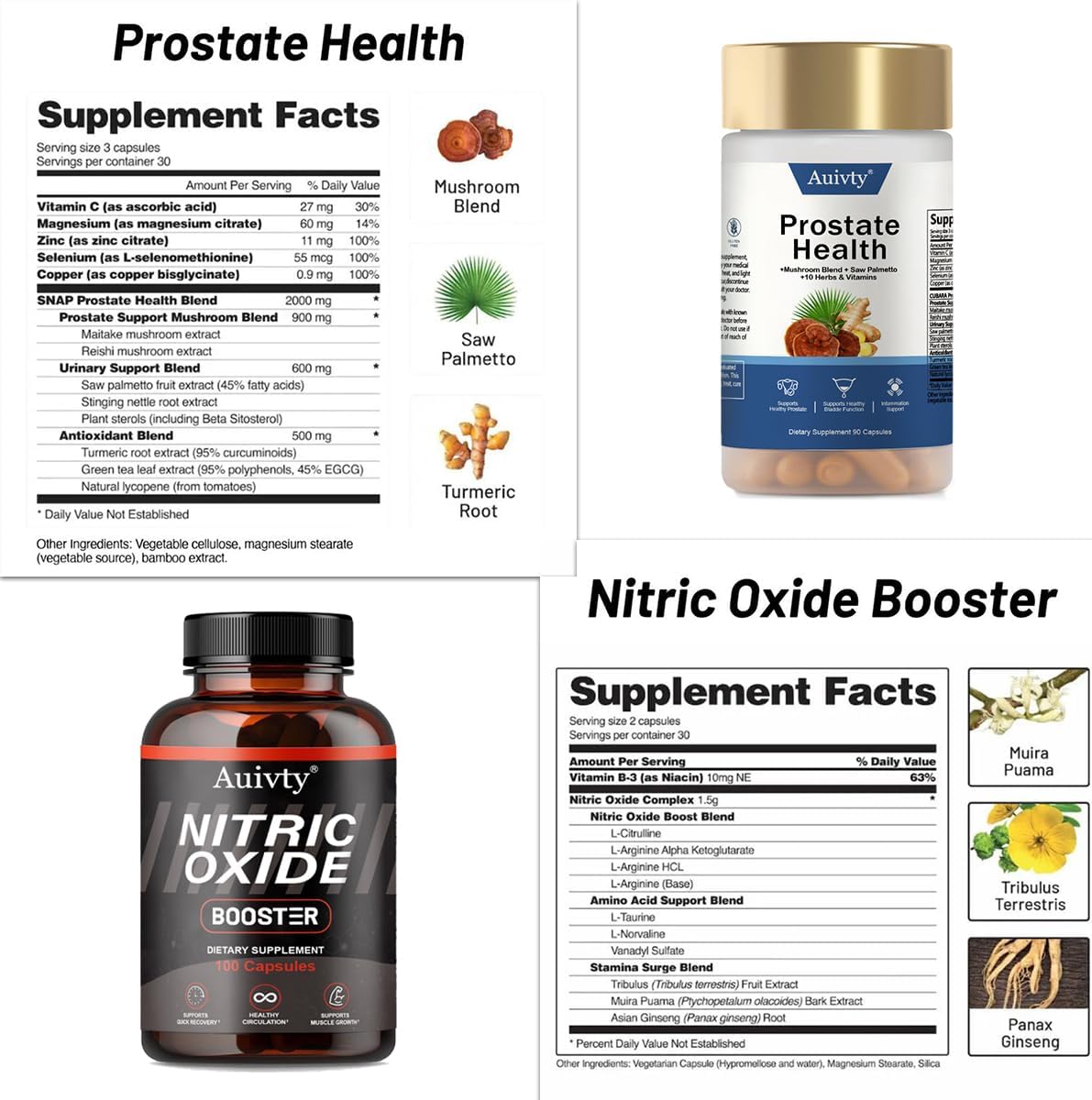 Prostate Health and Nitric Oxide Booster Bundle, Mushroom Blend with Saw Palmetto, 90 Capsules + 100 Capsules, with Free Bottle