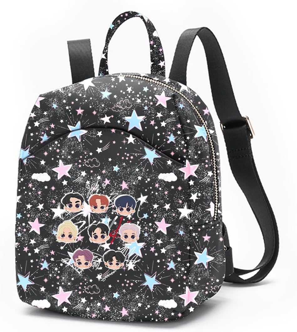 Glittery Stars and Clouds Printed Backpack with Adjustable Straps, Black, Pink and Blue