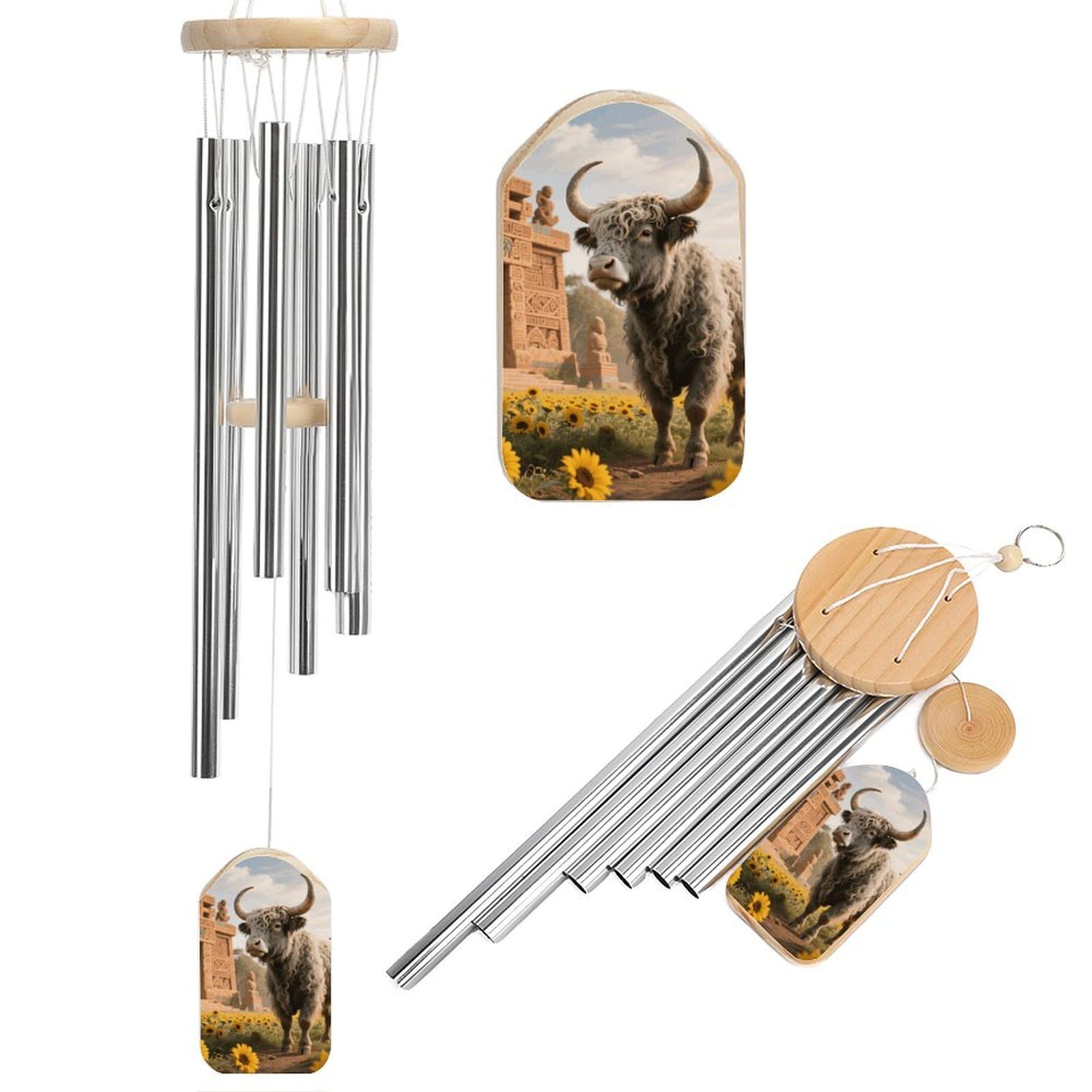 Cow Sunflower Aztec Wind Chimes for Outside House Warming Gifts, Deep Tone Soothing Melodic Tones Windchimes, Memorial Wind Chime for Home Garden Decoration Aluminium Large Wind Chimes