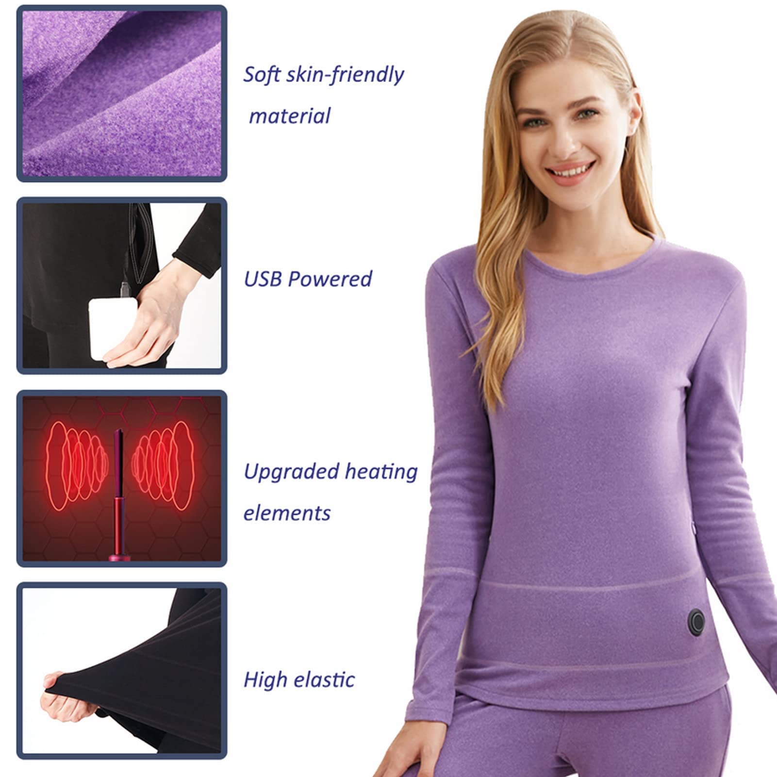 Ensemble de sous-vêtements Thermiques Chauffants pour Femmes, Chemise électrique USB et Pantalon Chaud, Ensemble de Couche de Base pour Temps Froid d'hiver (Violet 3XL) (Violet 3XL)