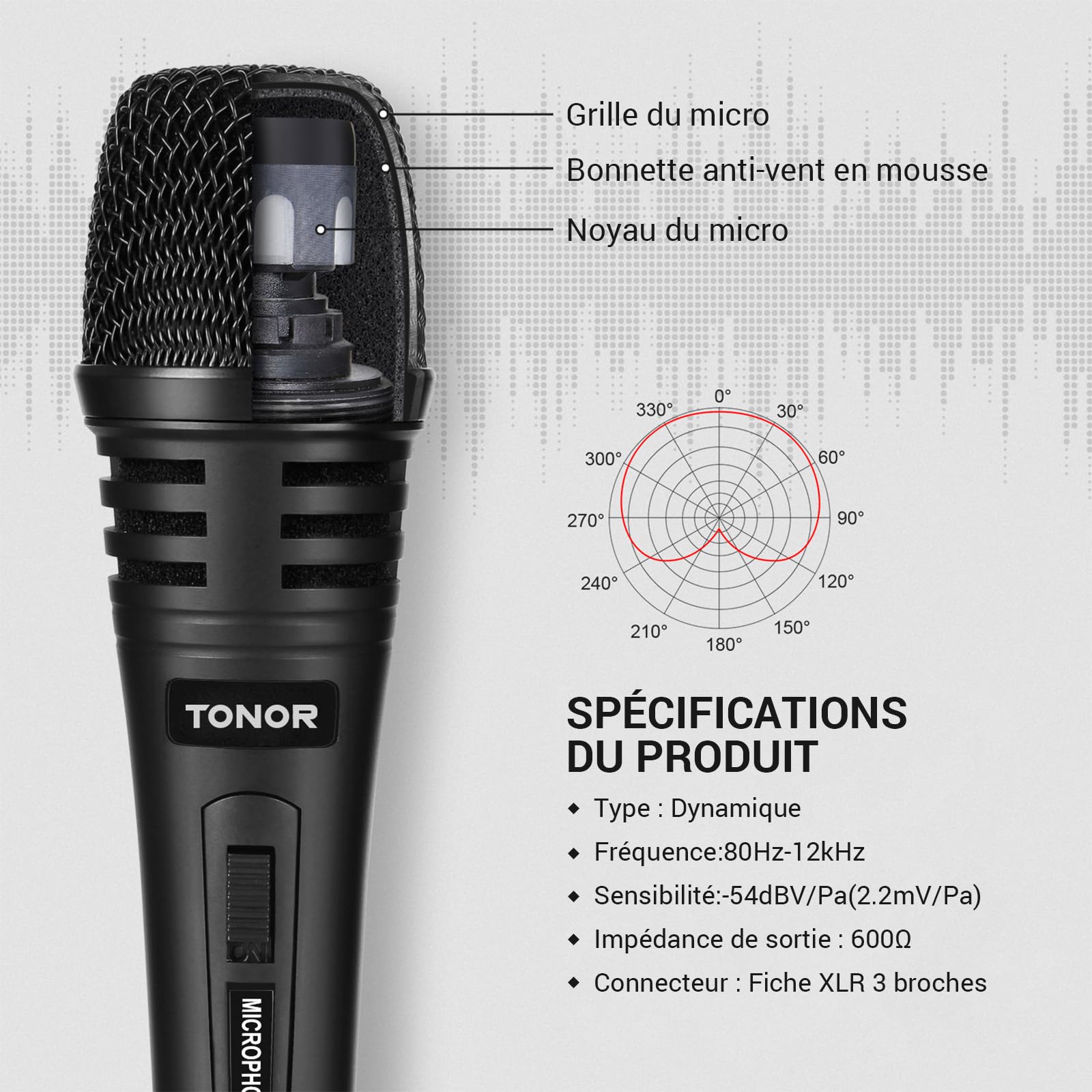 TONOR Micro Karaoke Dynamique avec Cable XLR de 5M(500 cm), Microphone à Main en Métal Compatible avec Les Appareils, DVD, KTV, Les Amplificateurs pour Les Discours, Les Mariages et Les Activités, K1