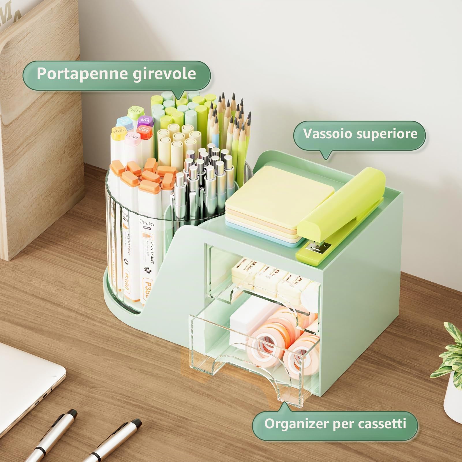 Marbrasse Organizer da Scrivania,360 Gradi Porta Penne Girevole per Organizzatore da Scrivania con Cassetti,Matite,Scatola Porta Oggetti per Forniture Ufficio Casa Scuola(Verde)