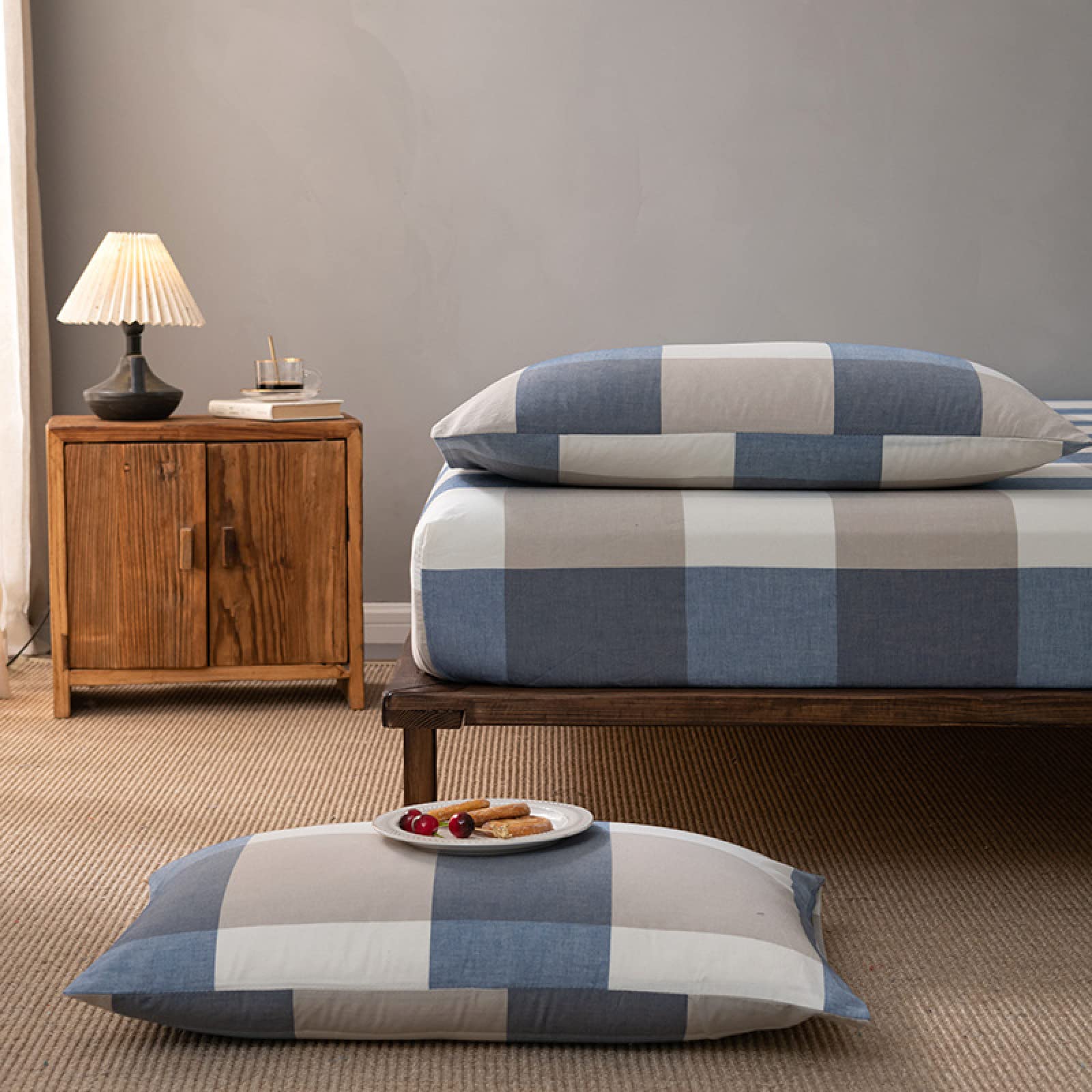 BAJIN Bedding Fitted Sheet 200x220+30cm Fitted Sheets Combed Cotton, Soft Feel Jersey stretch Non Iron Wrinkle Resistance bedsheet with perfect fit up to deep corners fitted sheet blue-D