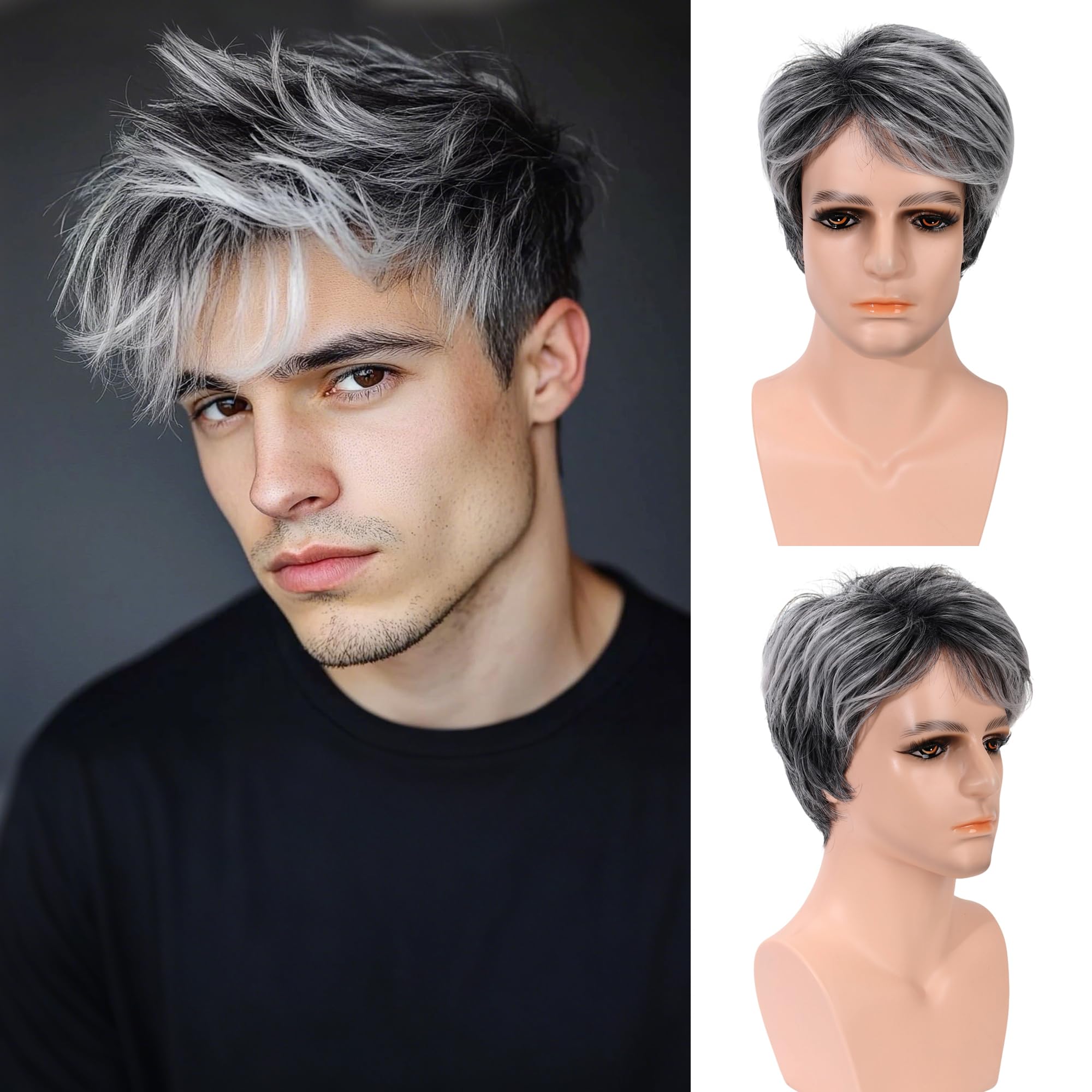 VRbeatter Short Wig for Men Layered Cut Wavy Fluffy Hair Wig with Bangs for Men Highlight Short Wig Natural Looking Synthetic Wigs for Daily Use Black