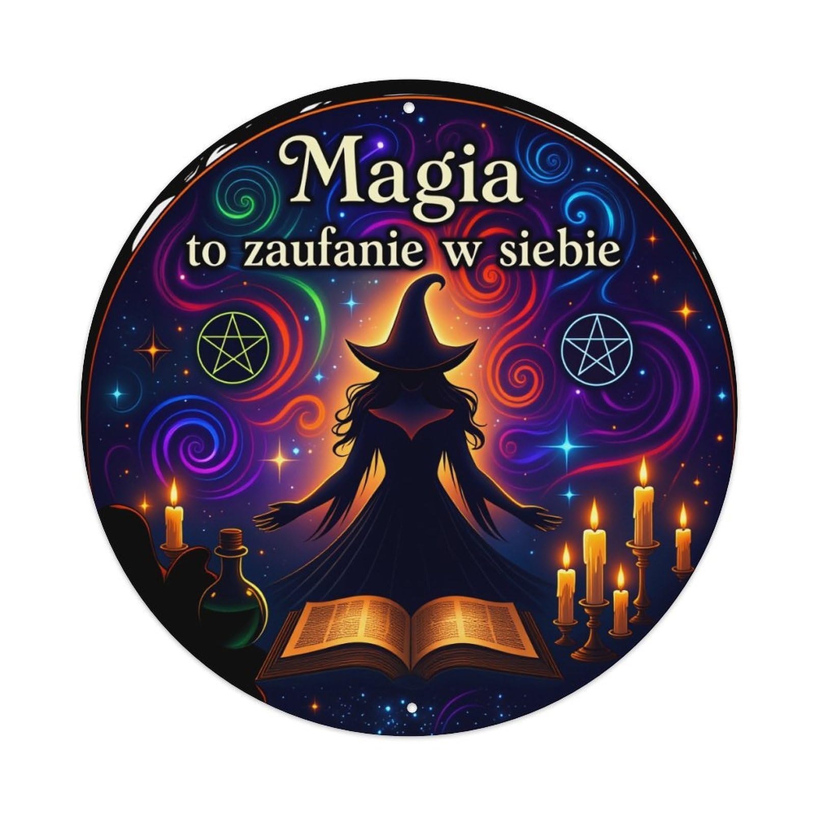 Magical Witch Silhouette Stars Candles Round Tin Sign Vintage Metal Poster Retro Bar, Home, Man Cave, Kitchen, Laundry Room Wall Art Decor Gift 8x8In