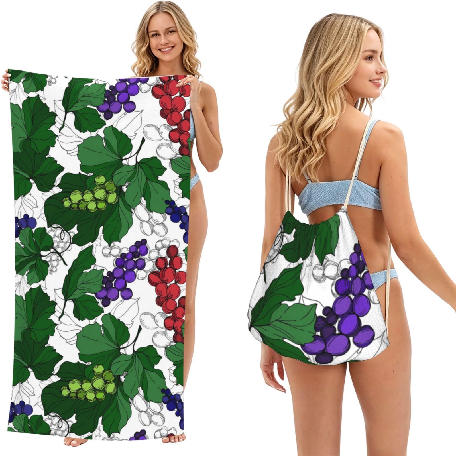 Poadnly As Picture Grapes Pattern, 2 In 1 Packable Towel Bag, Beach Towels With Drawstring Backpack For Travel Holiday Camping
