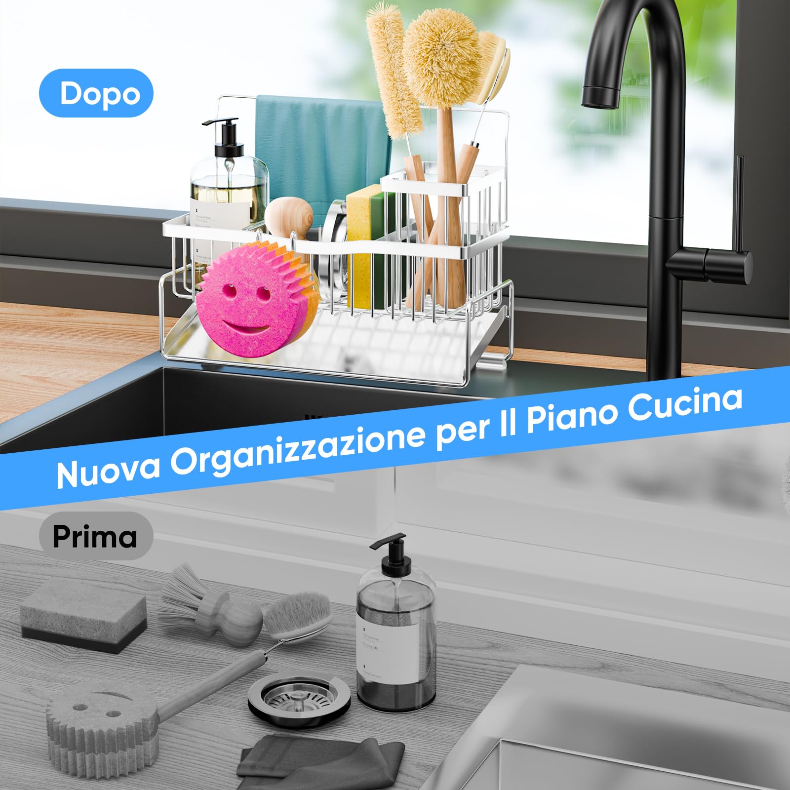 Organizer Cucina Porta Spugna per Lavello Autosvuotante in Acciaio Inossidabile con Portaspazzole Alto Gancio per Spugna Porta Asciugamani e Divisore Organizer per Gadget per Bancone, Argento