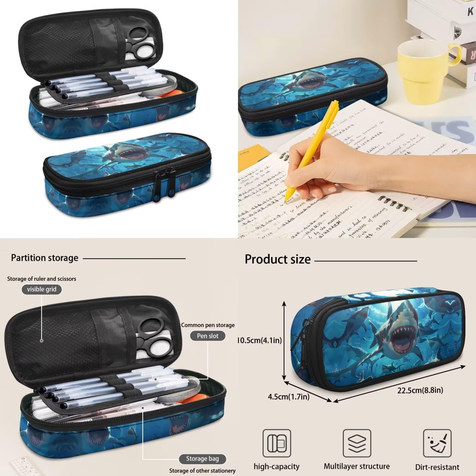 Dolyues Rucksack und Lunchbox-Set für Jungen, 4. Klasse, Schulrucksäcke für Grundschulkinder, Büchertaschen, Alter 8–10 Jahre, 4-teilig, hai, Tagesrucksack