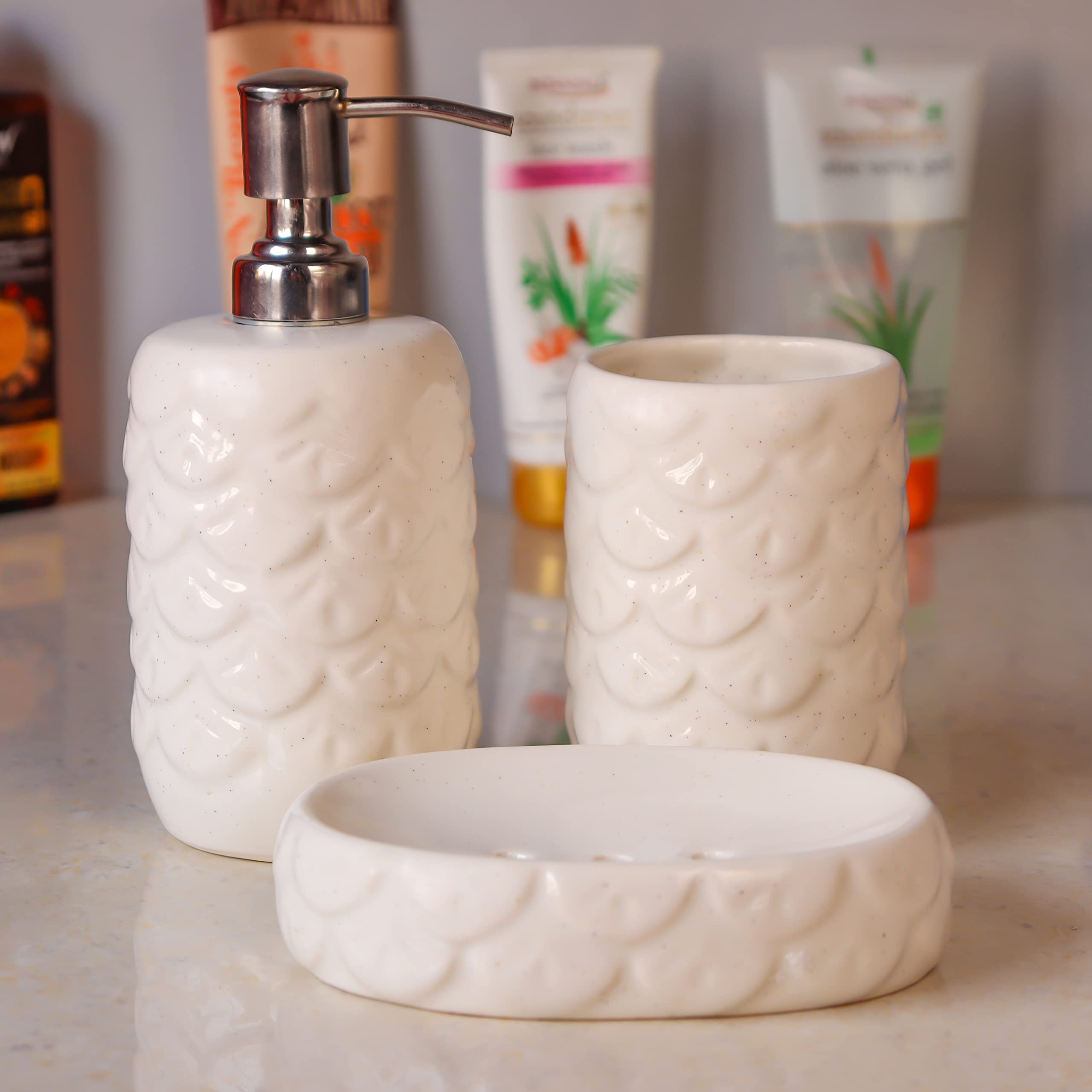 See full amazon price history chart for Kaolinite Ceramic Bathroom Accessories Set for Utility and Bathroom Decor | Liquid Soap Dispenser, soap Tray, Toothbrush Holder 3D Design (White) Kaolinite Ceramic Bathroom Accessories Set for Utility and Bathroom Decor | Liquid Soap Dispenser, soap Tray, Toothbrush Holder 3D Design (White) (B0B3RV6WYF) Amazon Price History, Amazon Price Tracker
