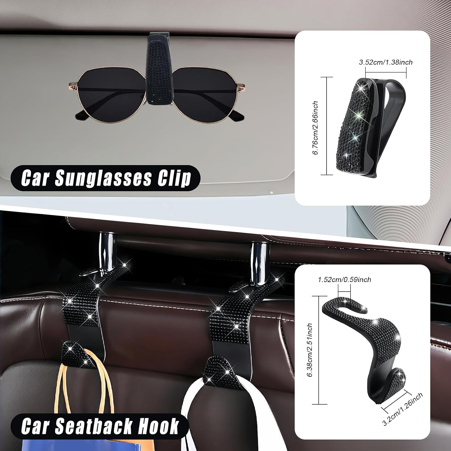 11 PCS Bling Car Accessories Set for Women, 15 Inch Steering Wheel Cover, Bling Shift Protector, Sparkly Seat Belt Covers, Car Cup Coasters, Crystal Hooks, Cute Interior Decor Set (Black)