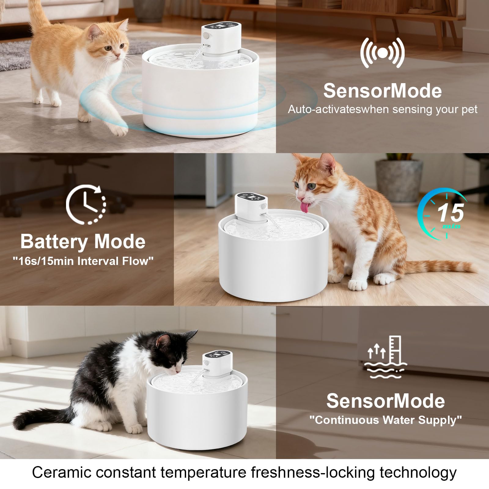 Automatyczna ceramiczna fontanna dla kota, bezprzewodowy dozownik wody dla zwierząt domowych 2,3 l, z wyświetlaczem temperatury i poziomu wody, 3 tryby picia, bardzo cicha pompka, dla kotów, psów