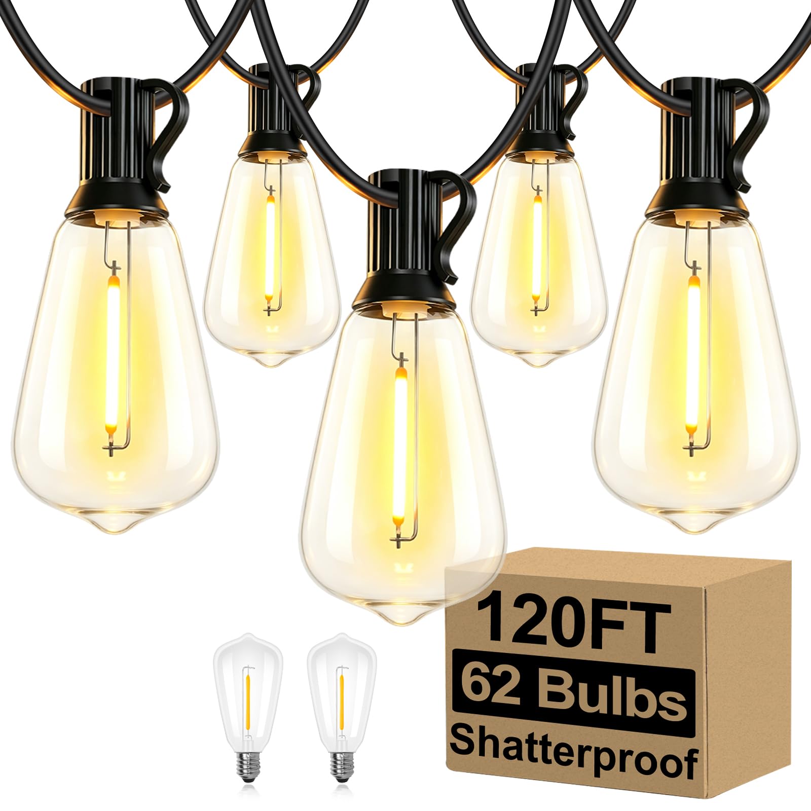Brightever Lichterkette für den Außenbereich, wasserdicht, 2700 K helle LED-Terrassenleuchten mit 62 ST38 bruchsicheren Vintage-Glühbirnen, Retro-verbindbare Edison-Lichterkette für draußen, Garten,