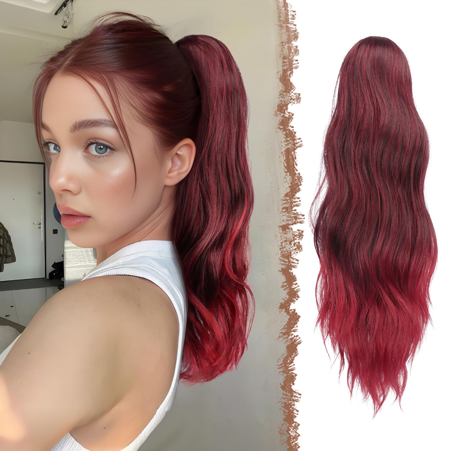 FESHFEN Gewellt Pferdeschwanz Haarteil mit Klammer, 50cm Pferdeschwanz Zopf Extensions Claw Clip in Wavy Ponytail Extension Synthetik Haarverlängerung für Frauen Damen Schwarz und Burgund Tipps