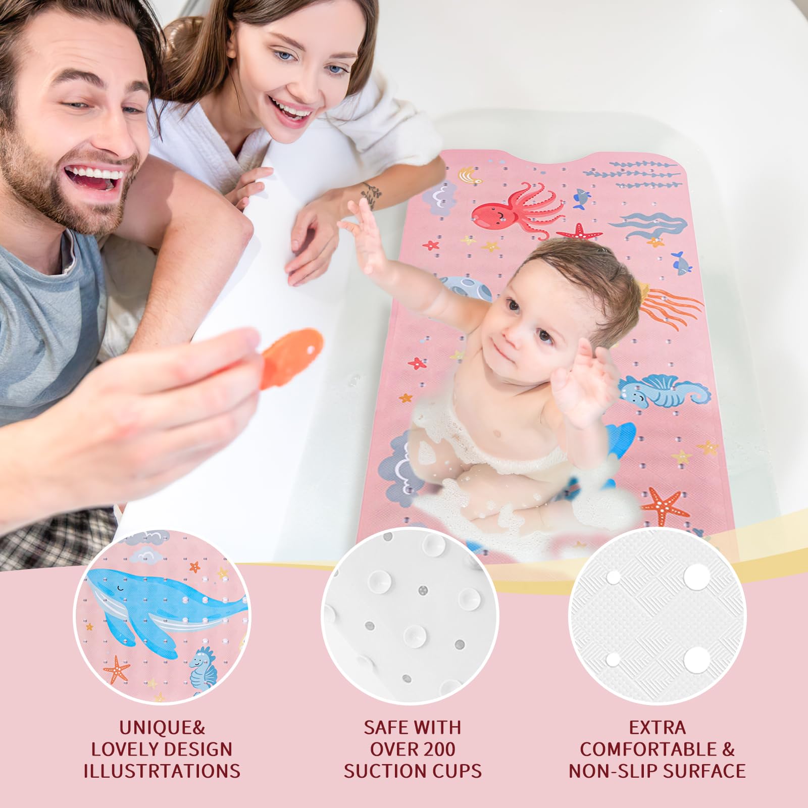 PRATIQUE Alfombrilla de baño Ocean con ventosas para ganchos de agarre seguro para almacenamiento y secado (rosa)