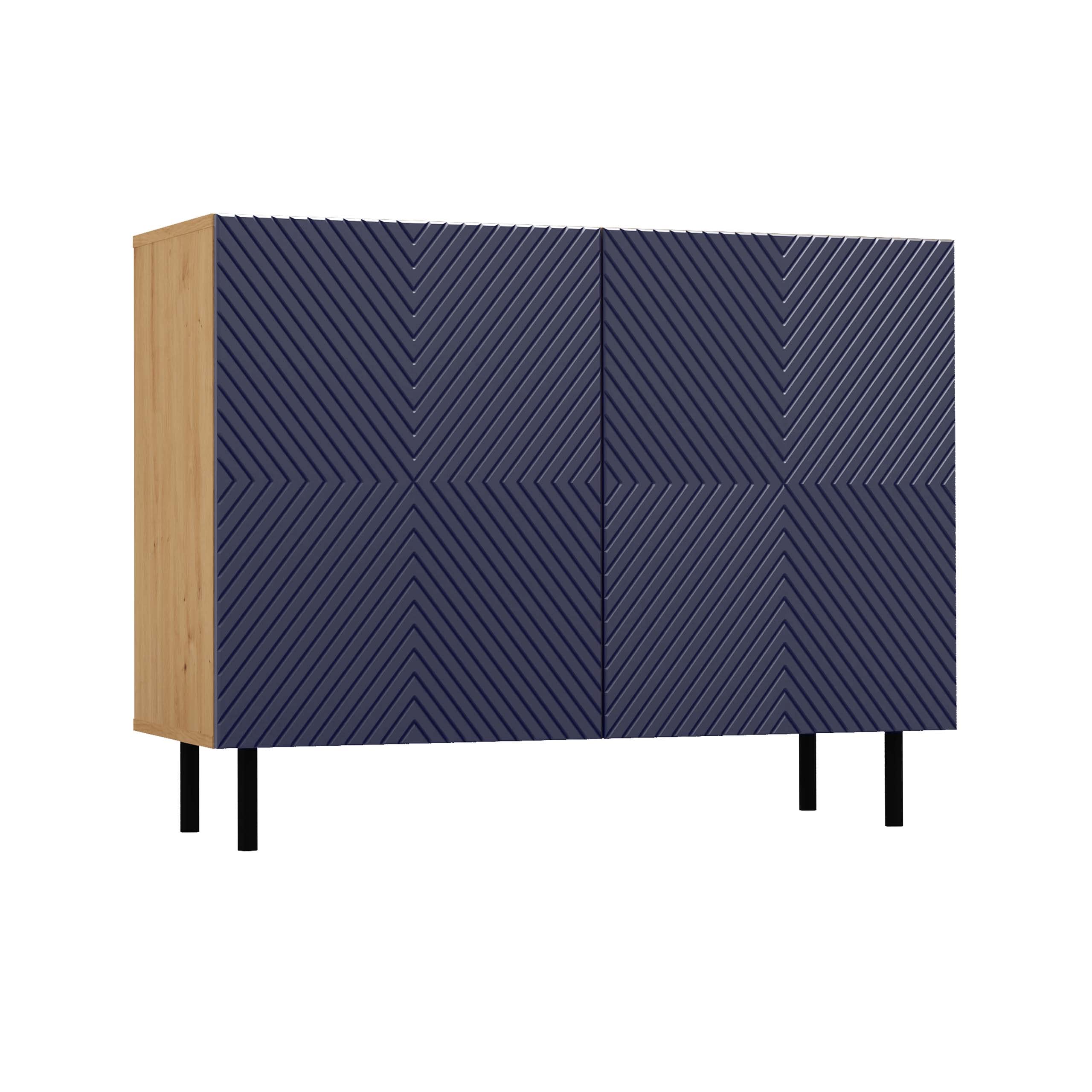 Comò Moderno CDF Kama 2K, 2 Ante, Colore Rovere Artisan/blu Scuro, Gambe Metallo, Largo 100 Cm, Made In Poland