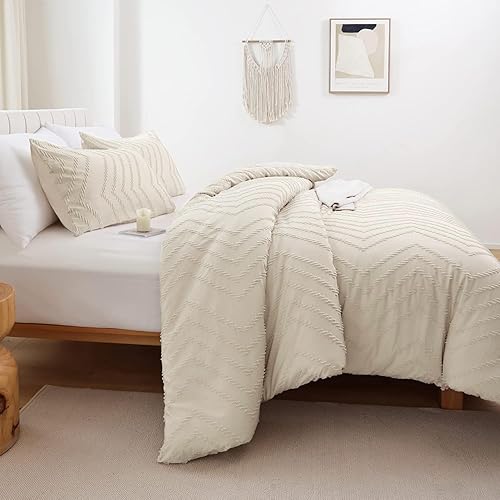 Miniatura 5 de YIRDDEO Juego de edredón beige tamaño King de 3 piezas, juego de edredón bohemio, juego de ropa de cama de granja color crema, edredón vertical,