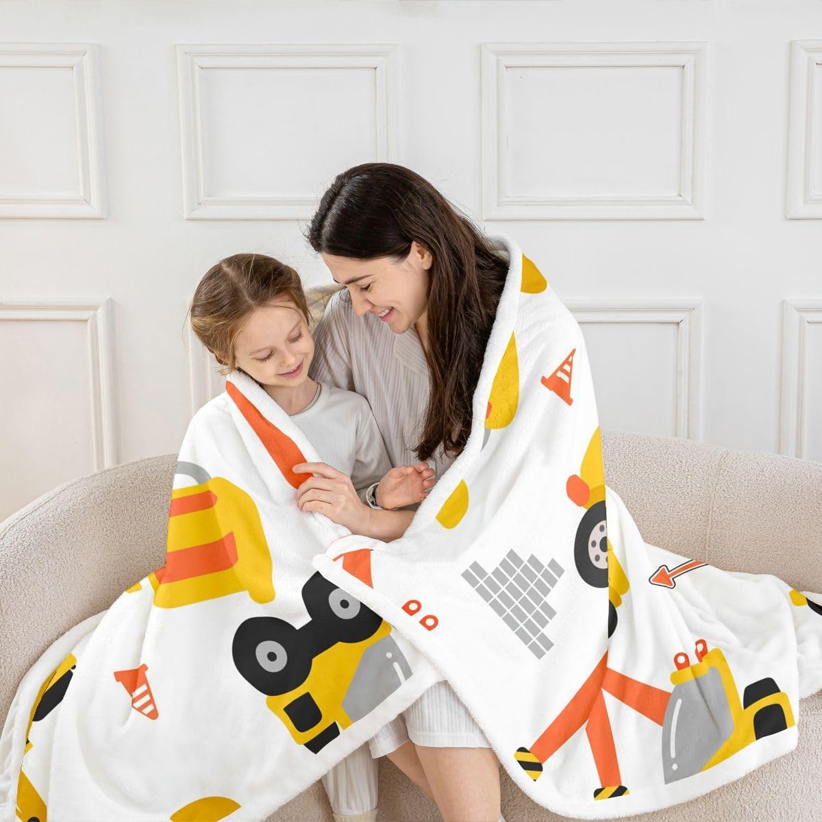 Feelyou Cartoon Car Fleece Throw Blanket Kids Construction Plush Blanket for Bed Sofa Couch Equipment Trucks Sherpa Cartoon Yellow Car Excavator Tractor Fuzzy Room Decor Throw 50"X60"