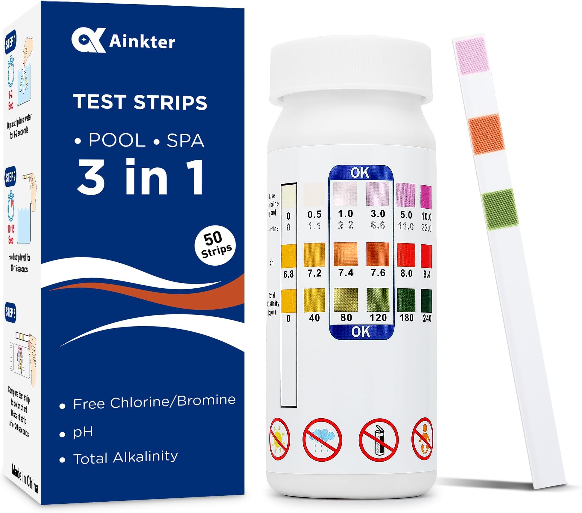 Pool Test Strips - 3-in-1 Pool Water Testing Kit for Chlorine/Bromine, pH, Alkalinity - Easy and Accurate Hot Tub Test Strips for Swimming Pools & Spas - 50 Strips