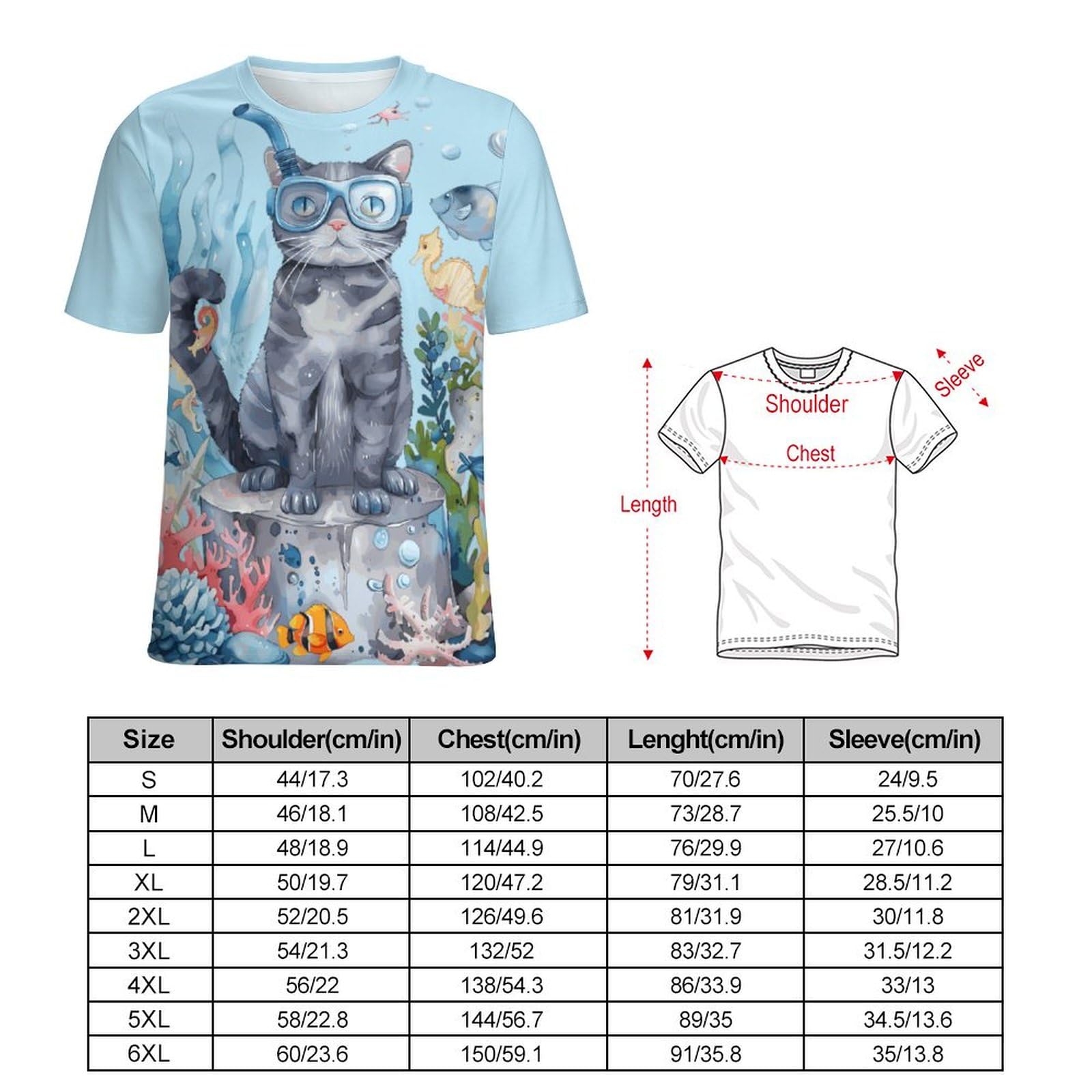 Sea Cat Diver Fish Unisex Adult T-Shirts Summer Short Sleeve Tee Casual Tops Funny Graphic S