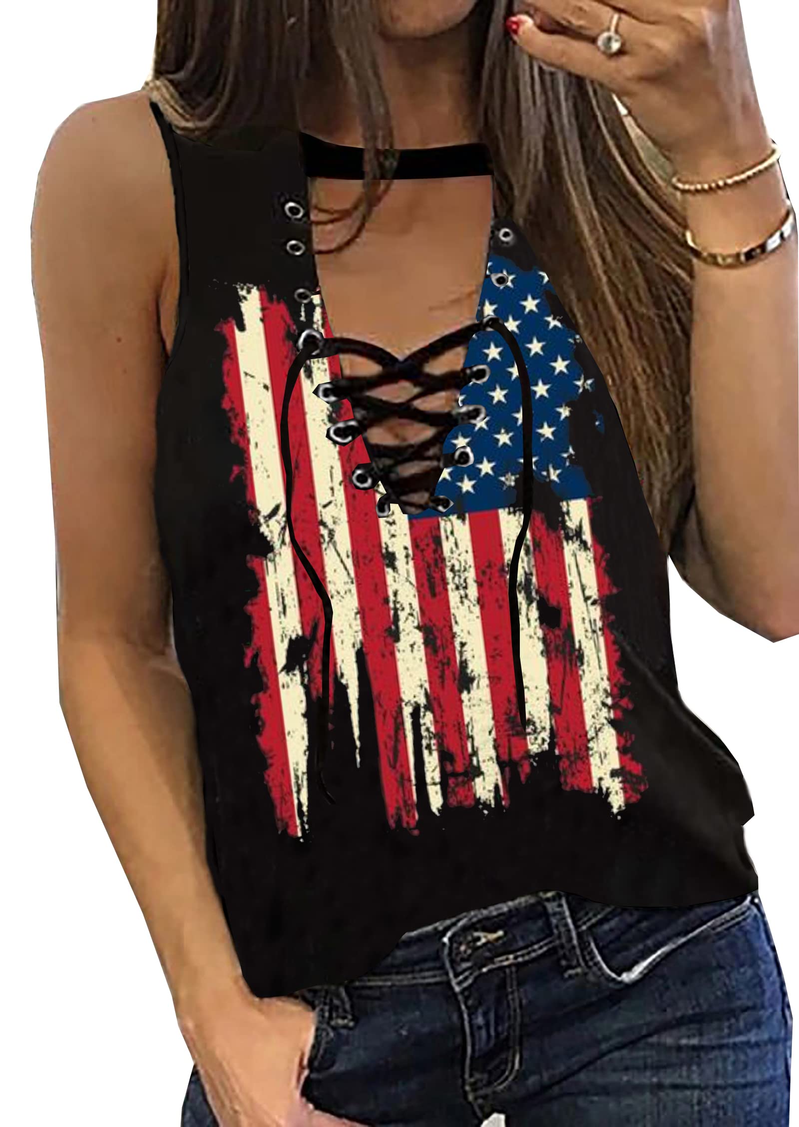 American Flag Lace Up Tank Tops for Women 4th of July Shirts Sleeveless Stars Stripes US Flag Patriotic Tee Tops