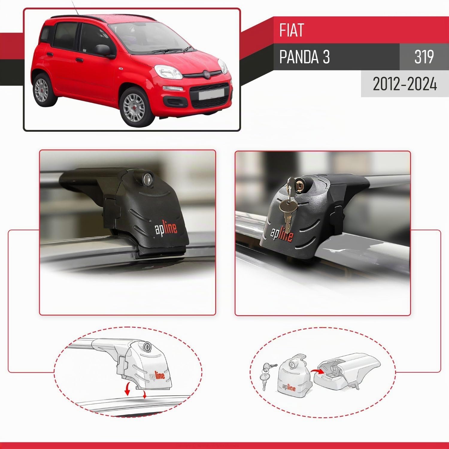 Compatible con Fiat Panda 3 (319) 2012-2024 Modelo Ace-2 Barra de Techo Auto Portaequipajes Barras Transversales Gris Aluminio 2 Barras