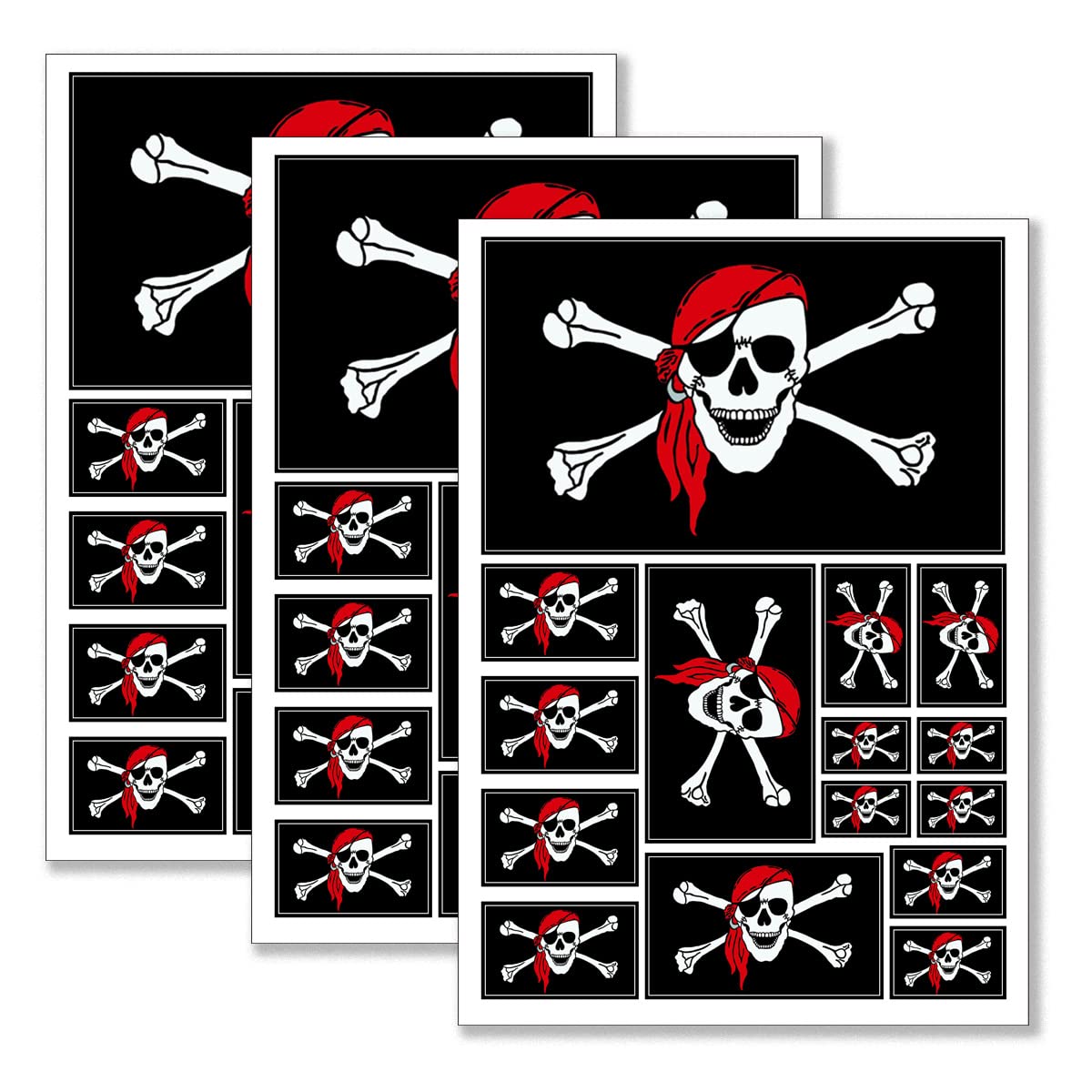 Autocollants pirate Jolly Roger en lot de 3 planches de tailles