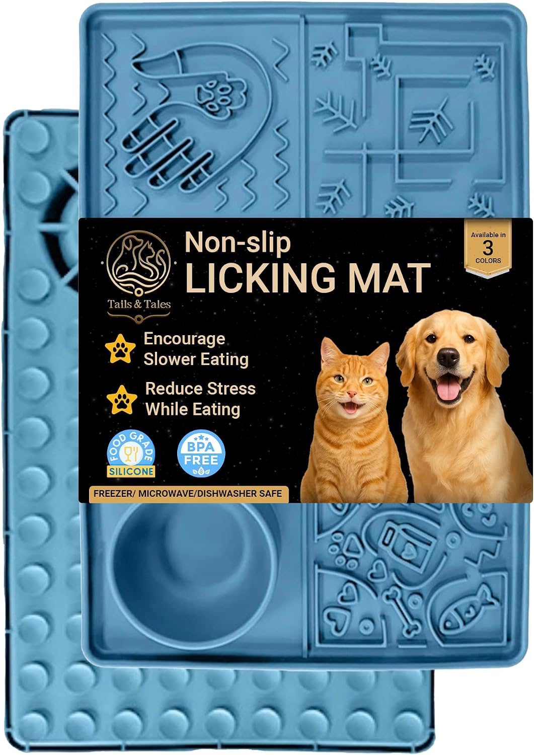 Tails & Tales Large Lick Mat for Dogs & Cats (11.2×16.7 in) with Strong Suction Cups, Slow Feeder Licking Pad for Anxiety Relief, Boredom & Bathing, Dog Enrichment Toy for Peanut Butter Yogurt (Blue)