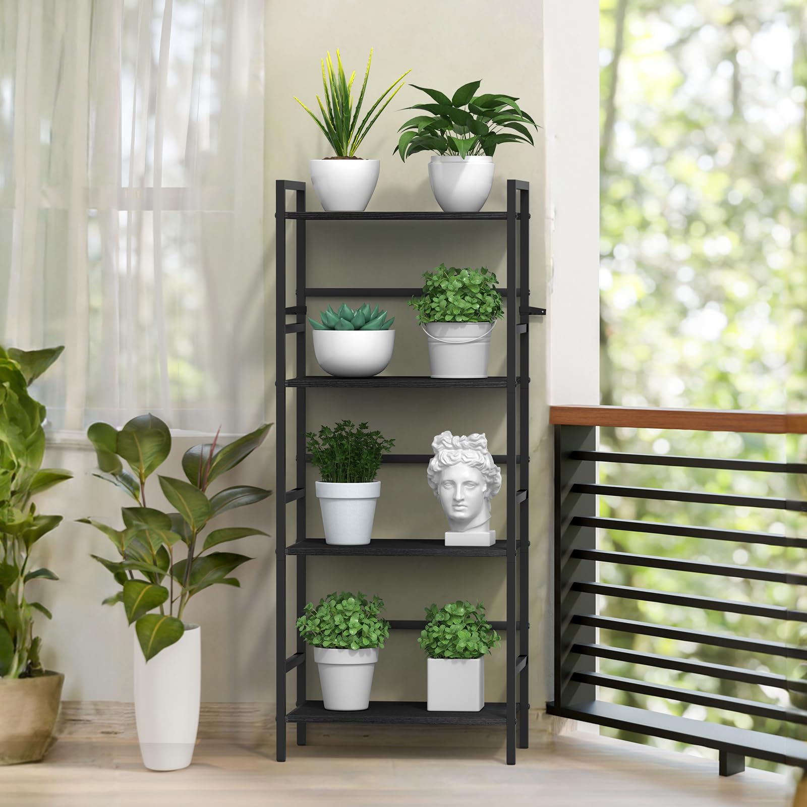 CADUKE 4-stufig Bücherregal, Standregal mit Holzablagen, Schwarzes Küchenregal, Industrielles Aufbewahrungsregal für Wohnzimmer, Büro, Schlafzimmer, 43 x 28 x 102 cm
