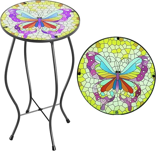 Mesa auxiliar de patio, mesa de mosaico al aire libre, mesa auxiliar de plantas, pequeño porche, mariposa colorida para interiores, balcón redondo