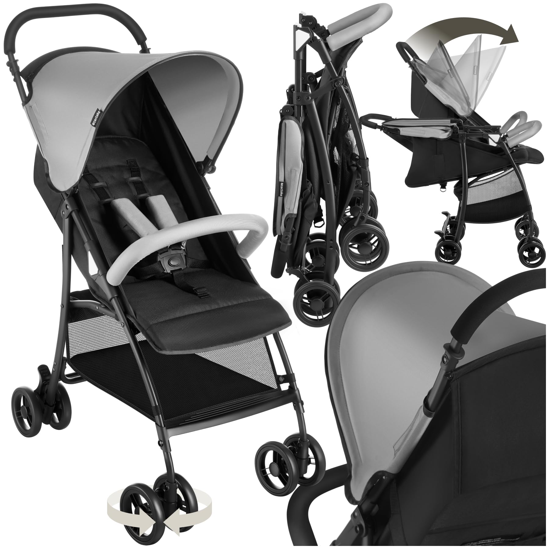 tectake® Passeggino Pieghevole per Bambini da 0 a 3 Anni, Passeggino Leggero con Cintura a 5 Punti Regolabile, Freno a Pedale, Tettuccio Parasole, Ruote Girevoli, Freno a Pedale – Nero
